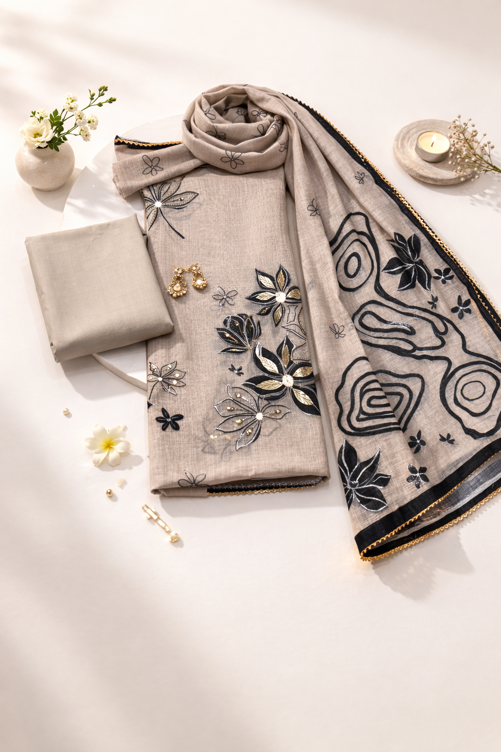 FLORAL LINEN LEATHER EMBROIDERED - BEIGE