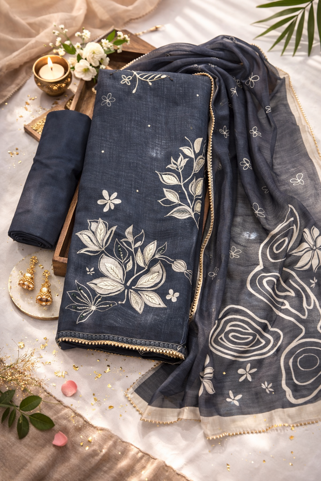 FLORAL LINEN LEATHER EMBROIDERED - BLACK