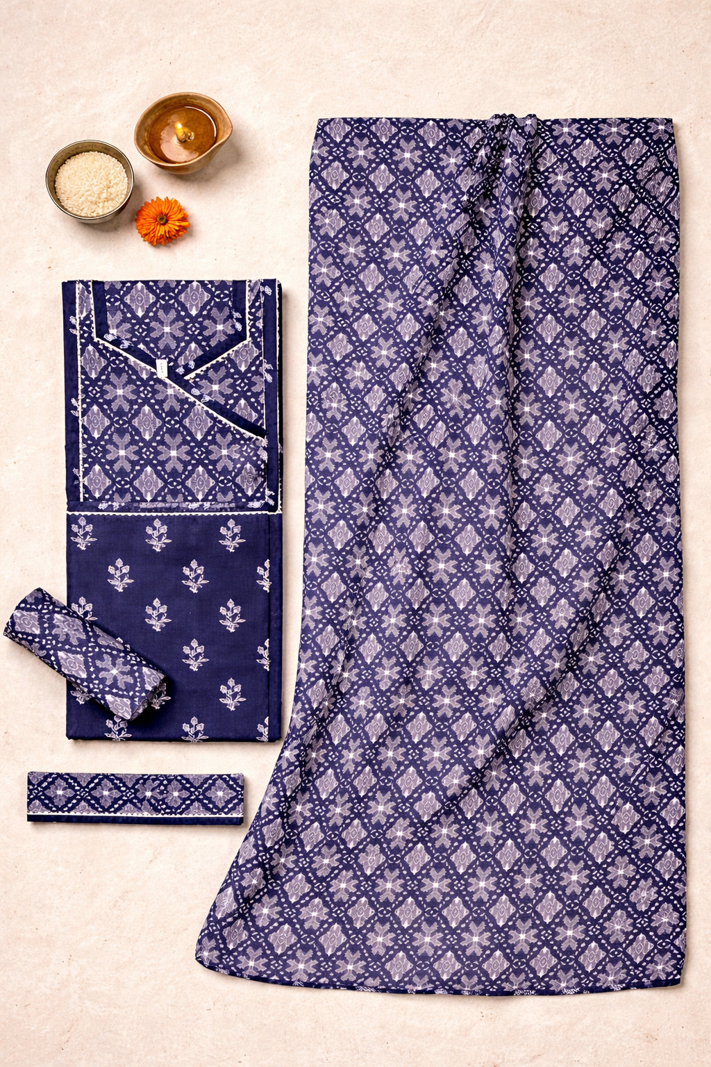 BLUE PRINTED BANDHANI SUIT