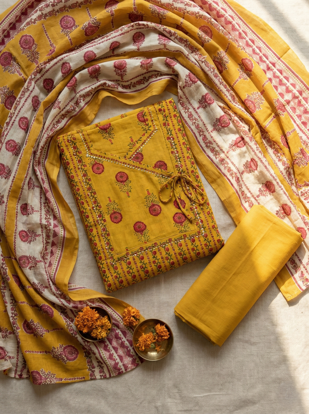 YELLOW PRINTED BANDHANI SUIT