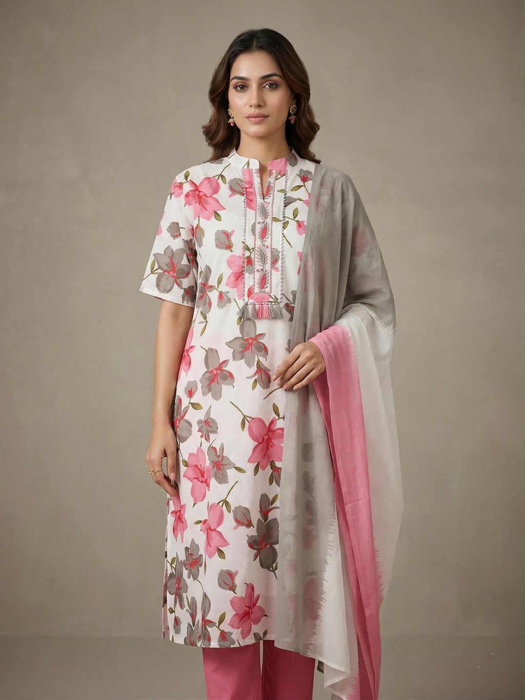White & Pink Floral Printed Kurta Set with Dupatta