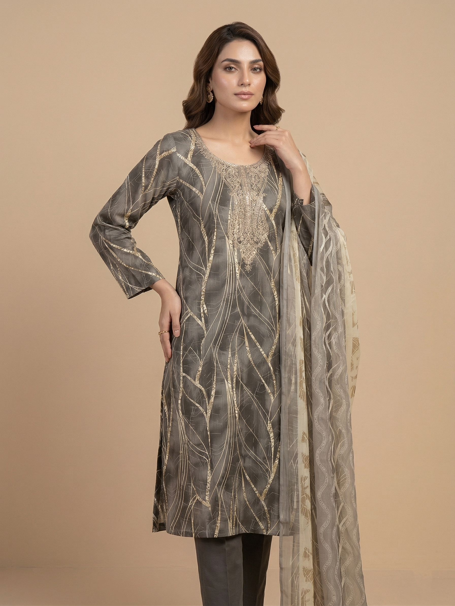 Elegant Charcoal Grey Embroidered Straight Suit Set