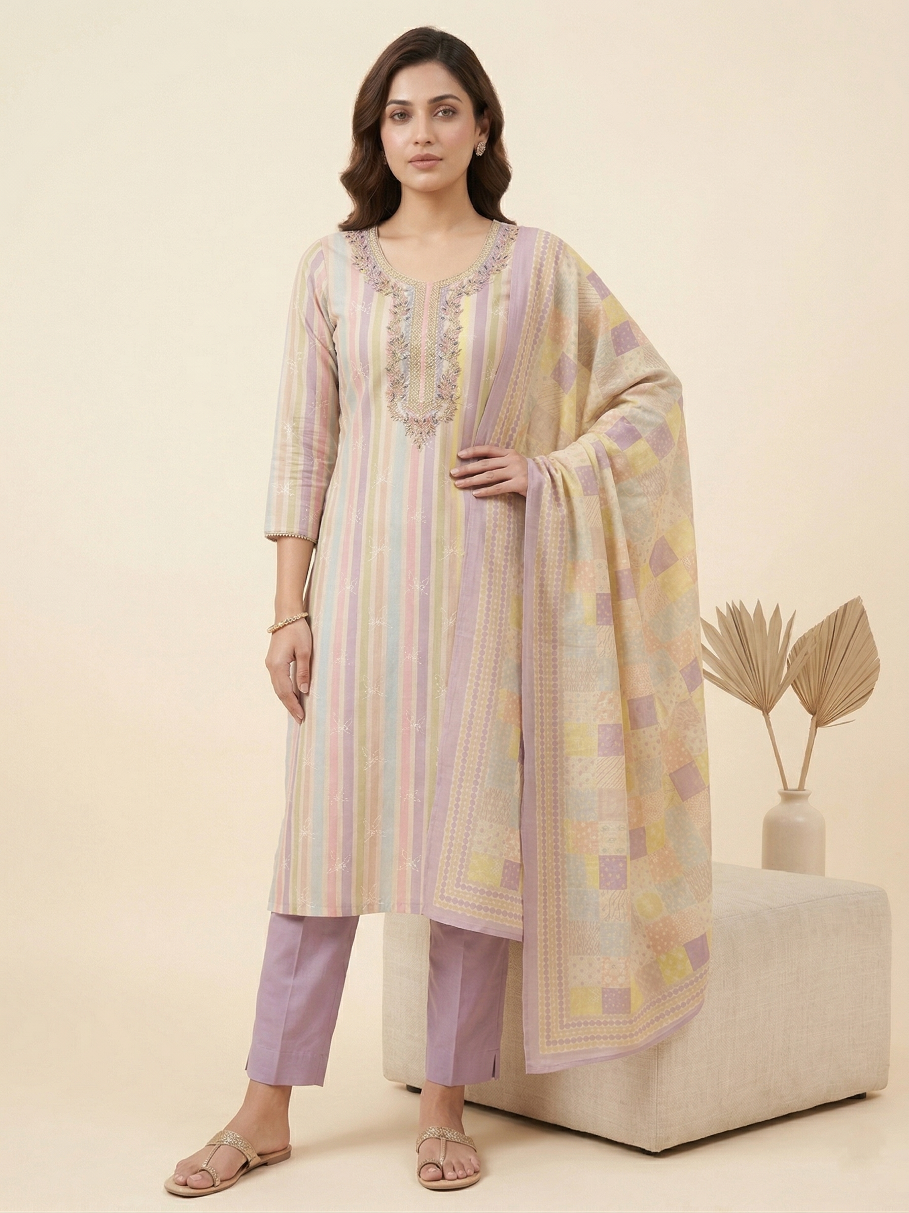 Pastel Multicolor Striped Embroidered Straight Suit Set