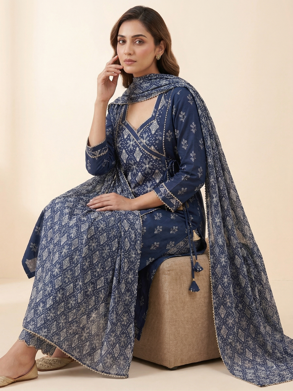 BLUE PRINTED BANDHANI SUIT
