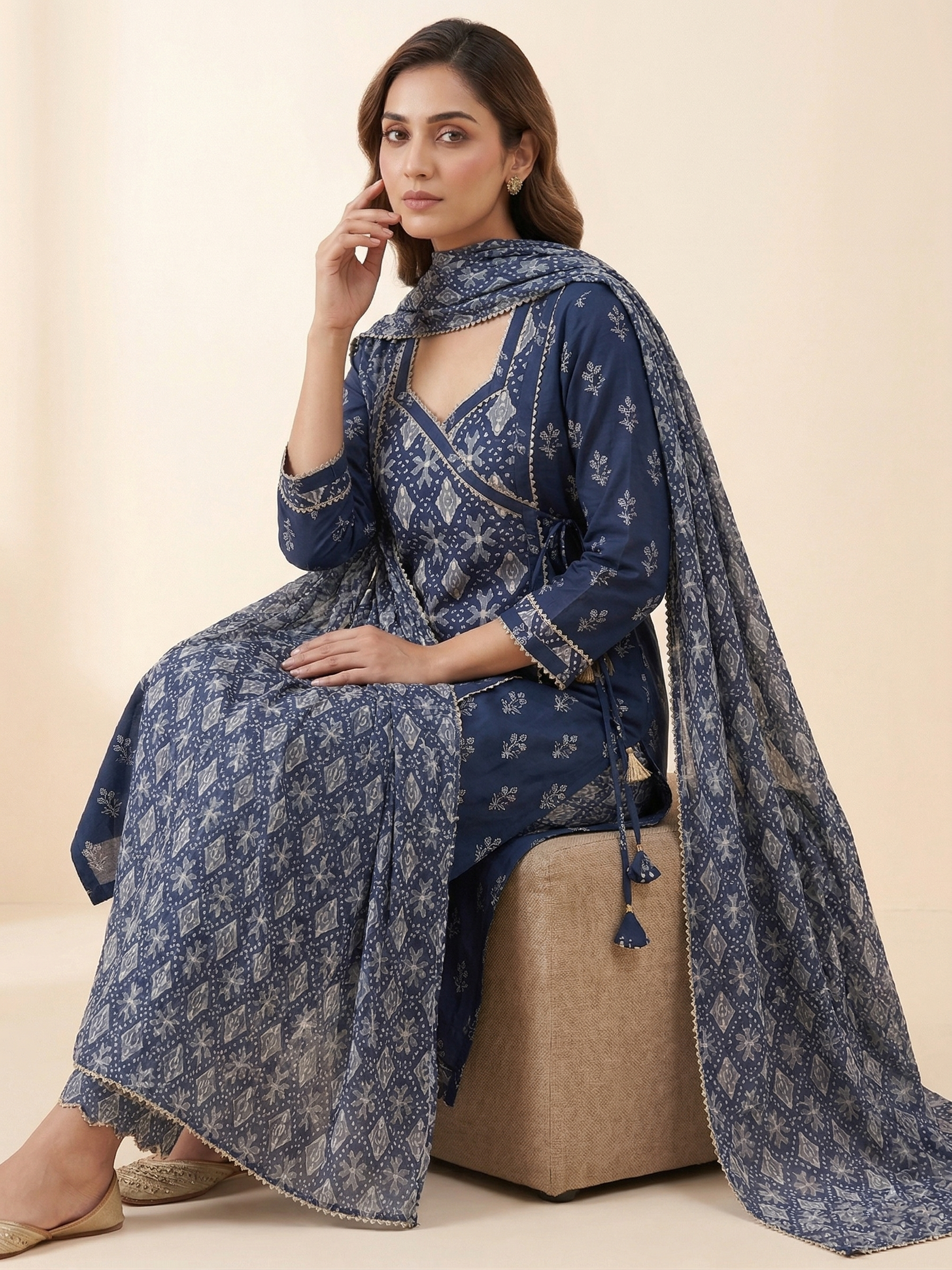 BLUE PRINTED BANDHANI SUIT