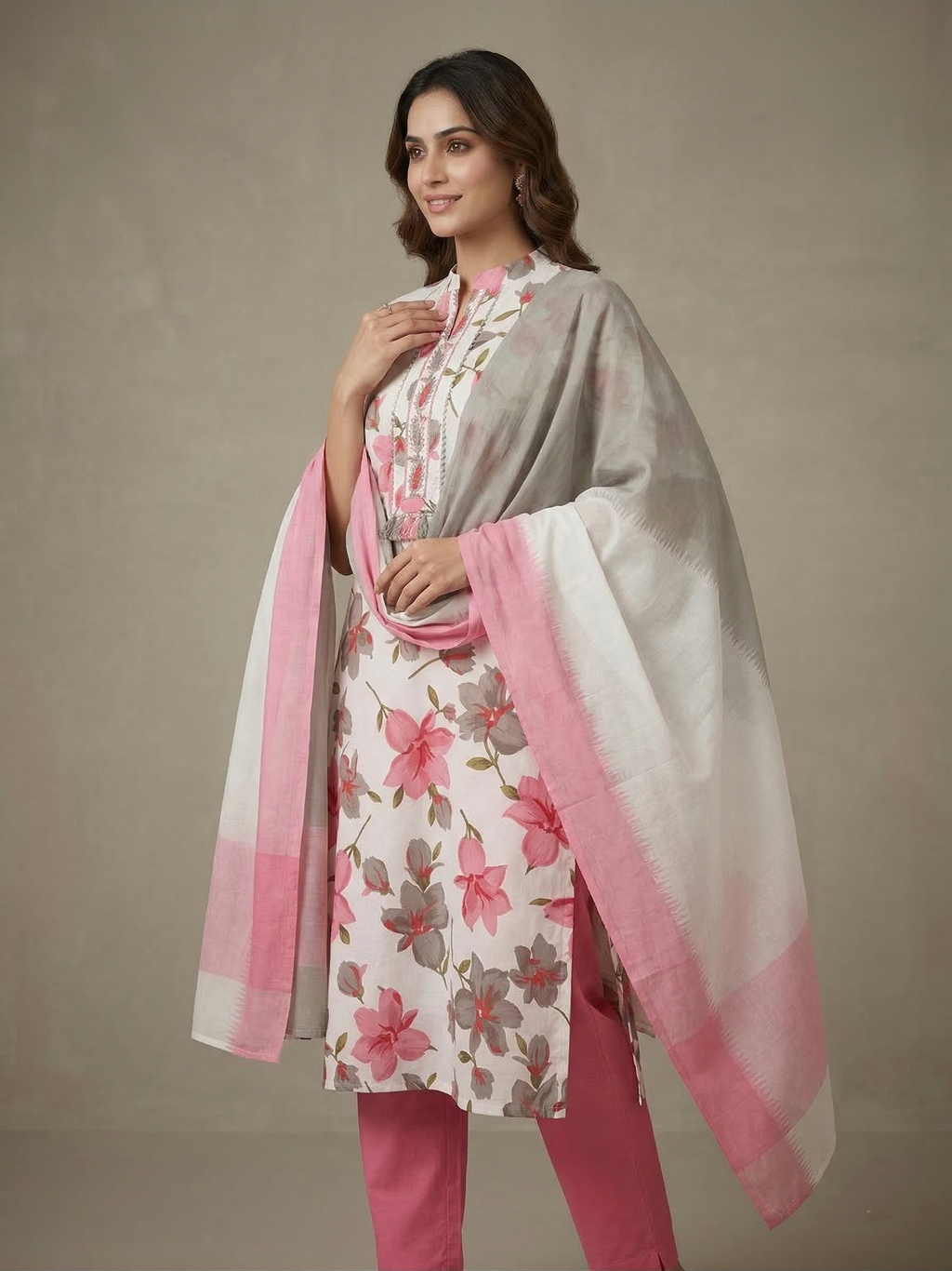 White & Pink Floral Printed Kurta Set with Dupatta