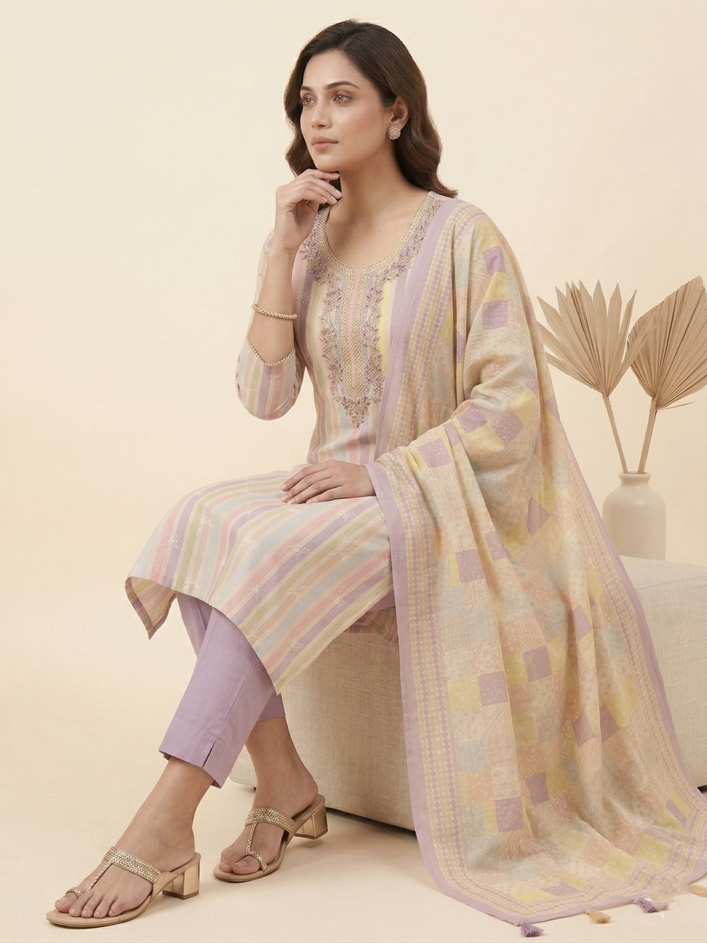 Pastel Multicolor Striped Embroidered Straight Suit Set