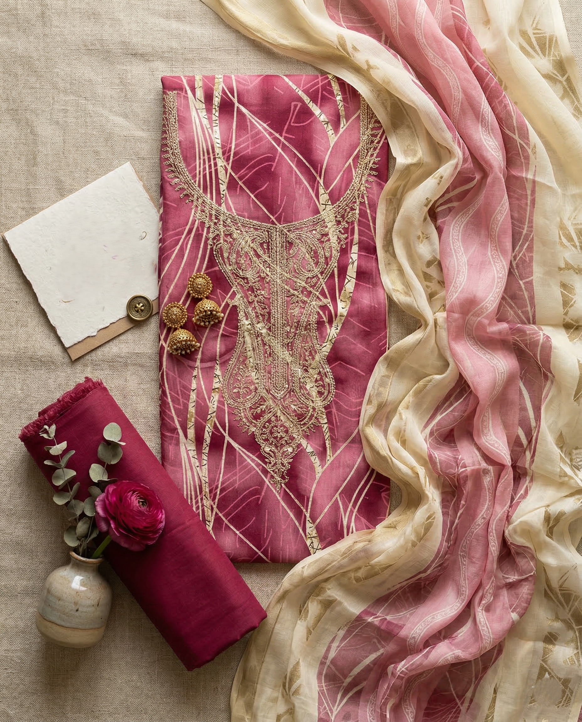 Elegant Dusty Rose Embroidered Straight Suit Set