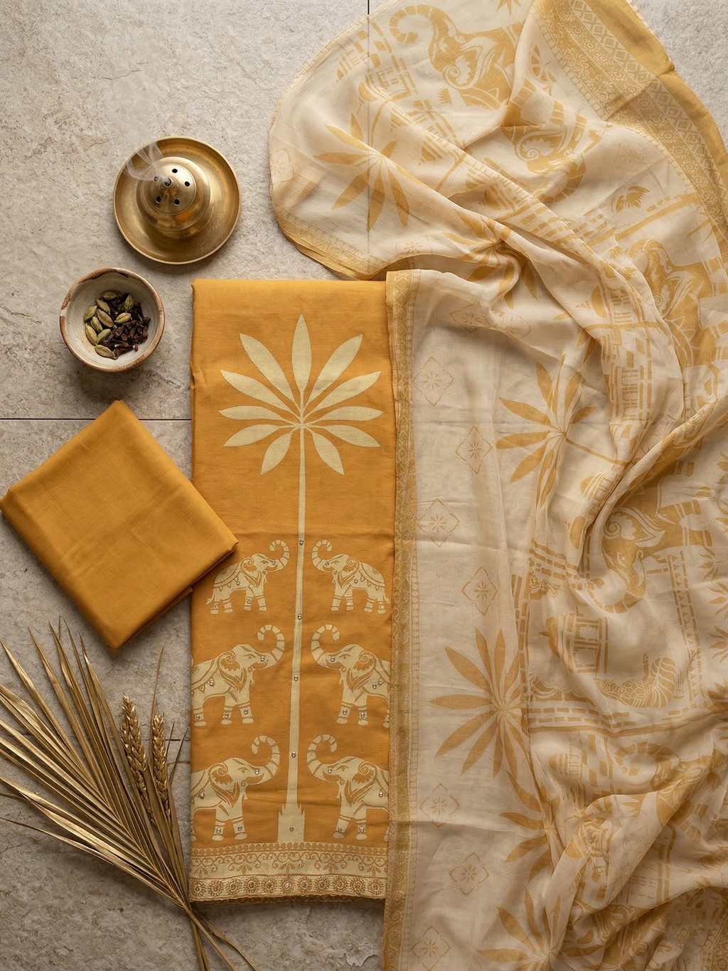 TRADITIONAL PRINT ON BORDER WITH MIRROR DETAILING - MUSTARD