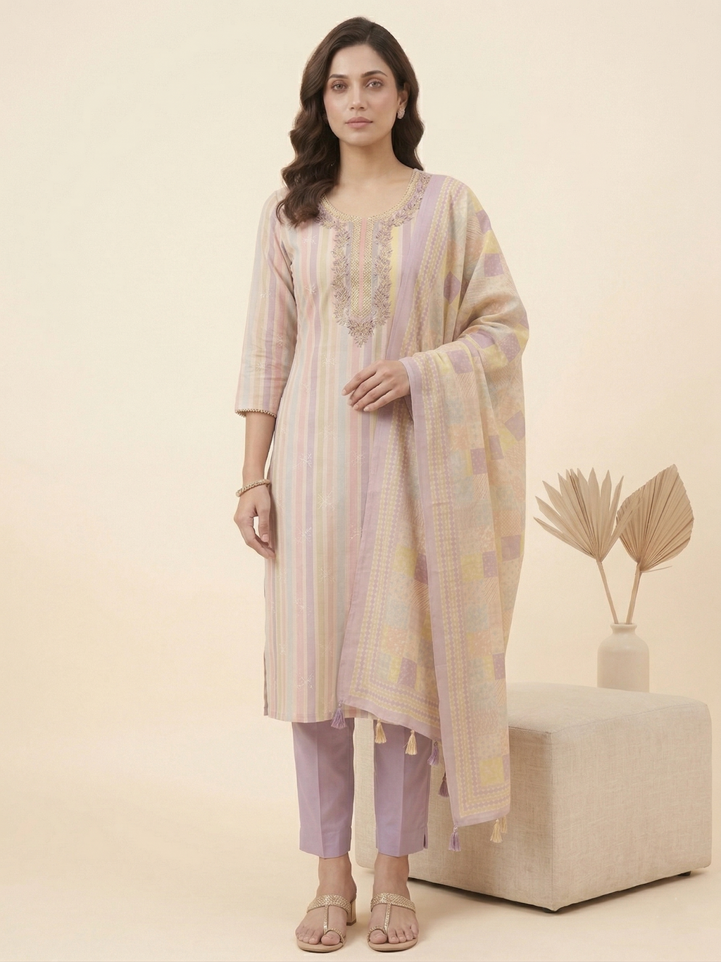 Pastel Multicolor Striped Embroidered Straight Suit Set