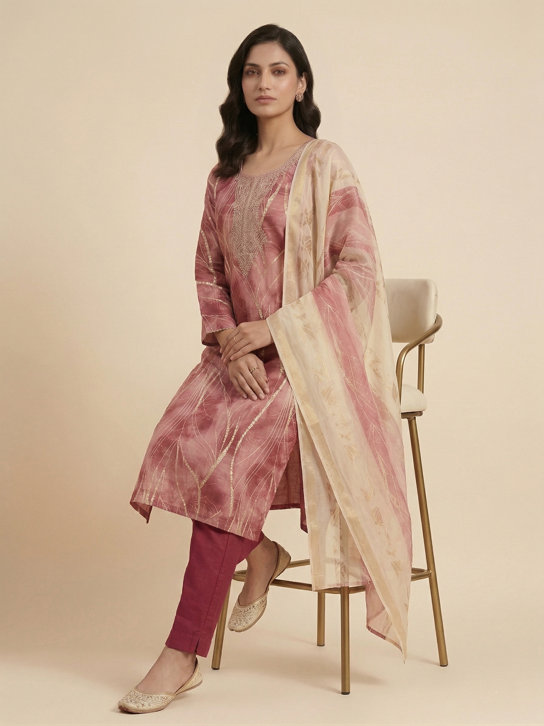 Elegant Dusty Rose Embroidered Straight Suit Set