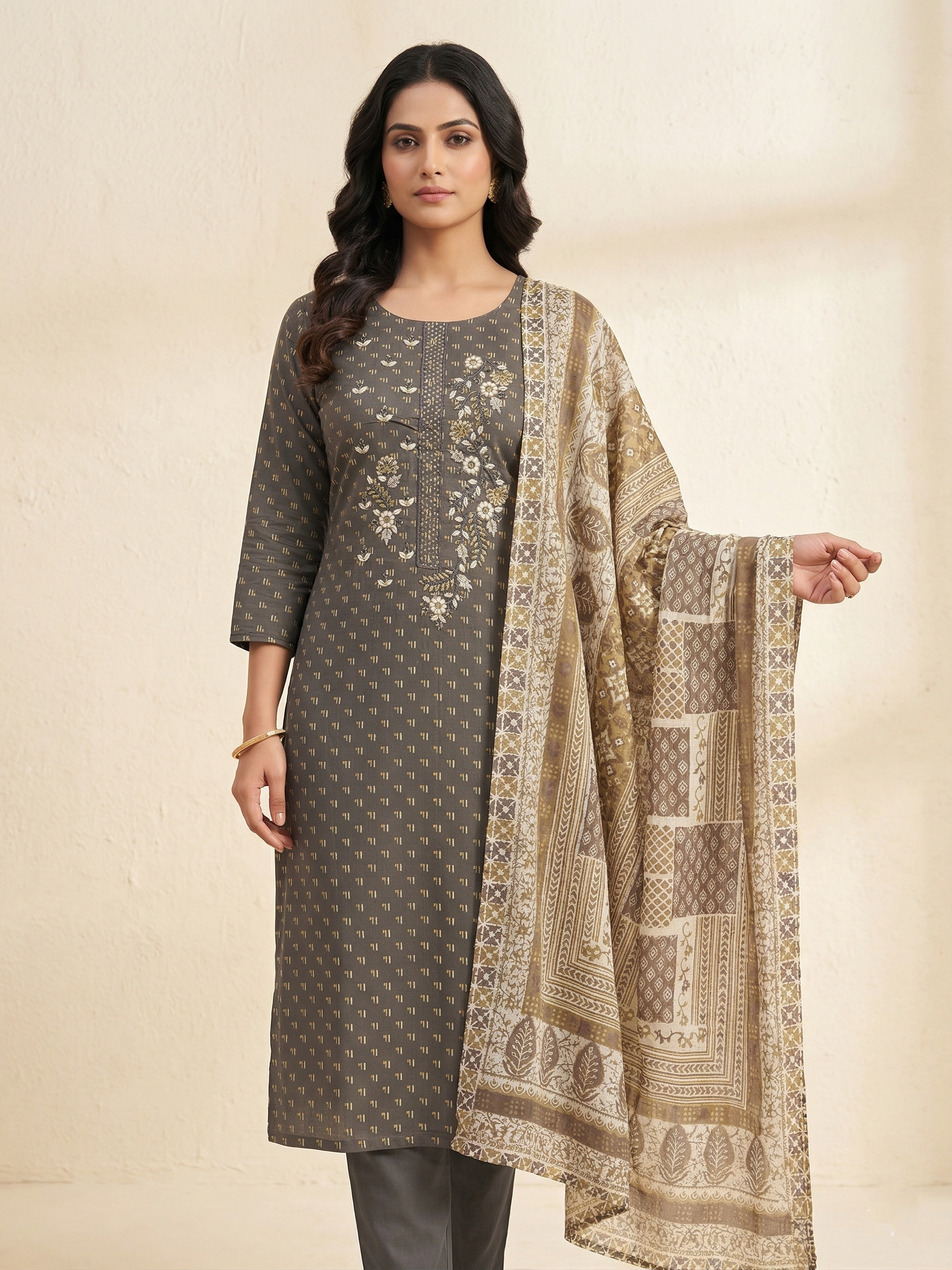 GREY WITH EMBELLISHED EMBROIDERED NECK