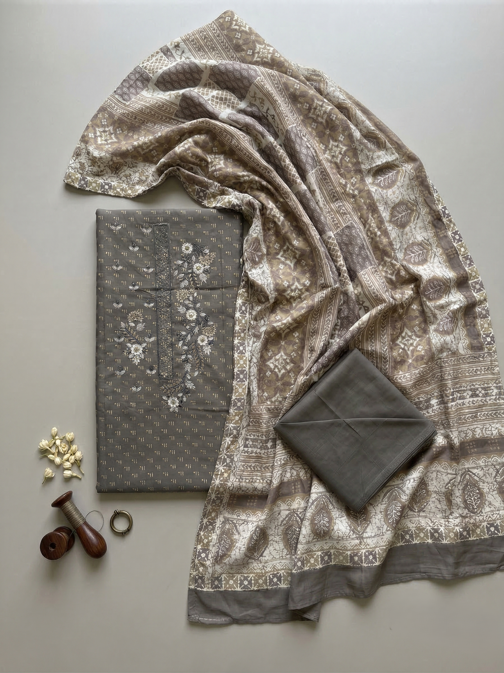 GREY WITH EMBELLISHED EMBROIDERED NECK