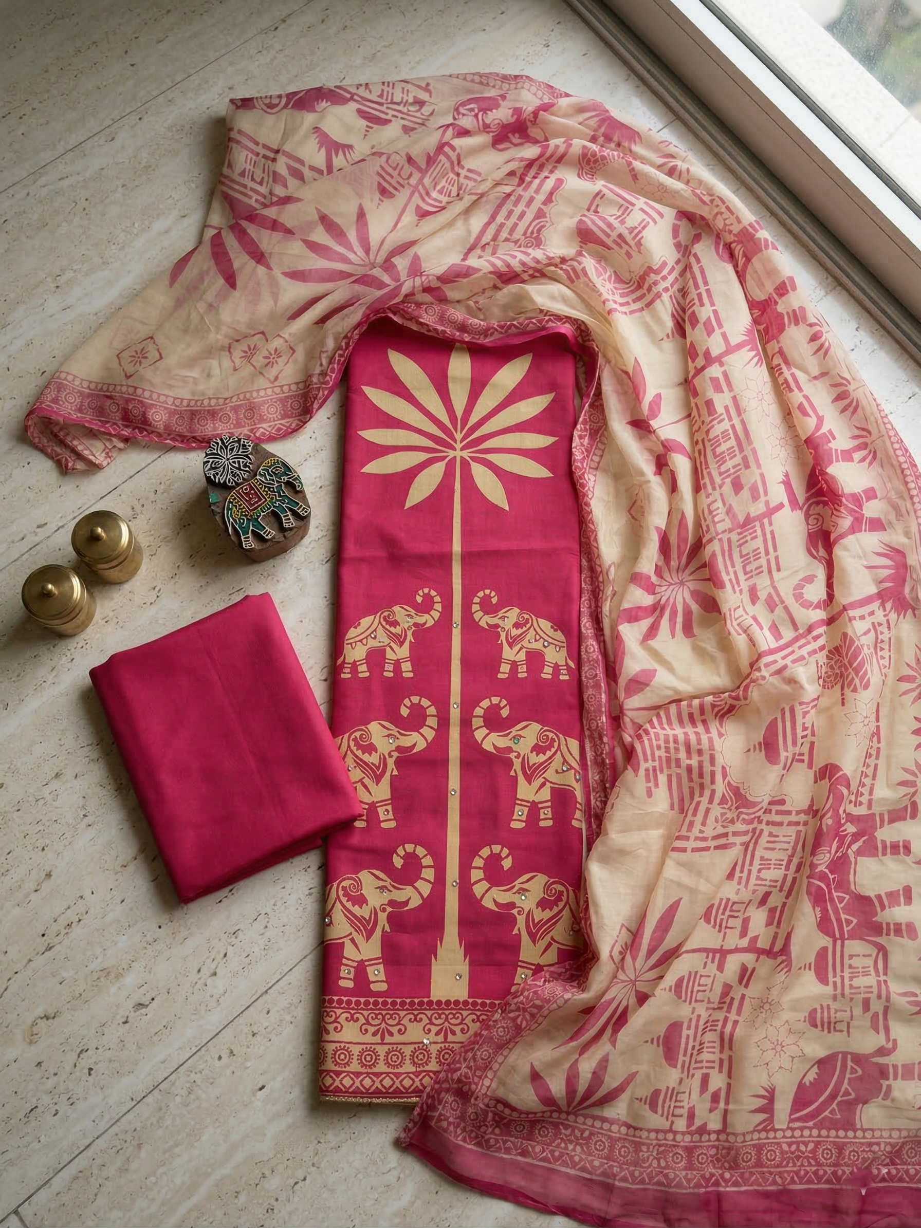 TRADITIONAL PRINT ON BORDER WITH MIRROR DETAILING - MAGENTA