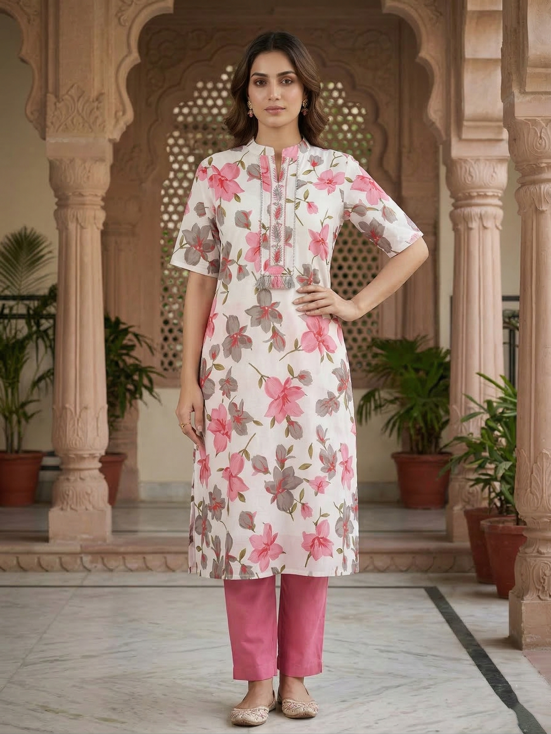 White & Pink Floral Printed Kurta Set with Dupatta