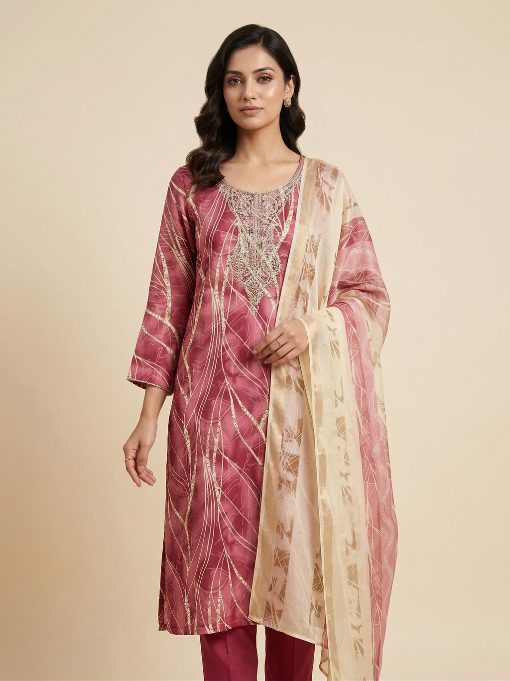 Elegant Dusty Rose Embroidered Straight Suit Set