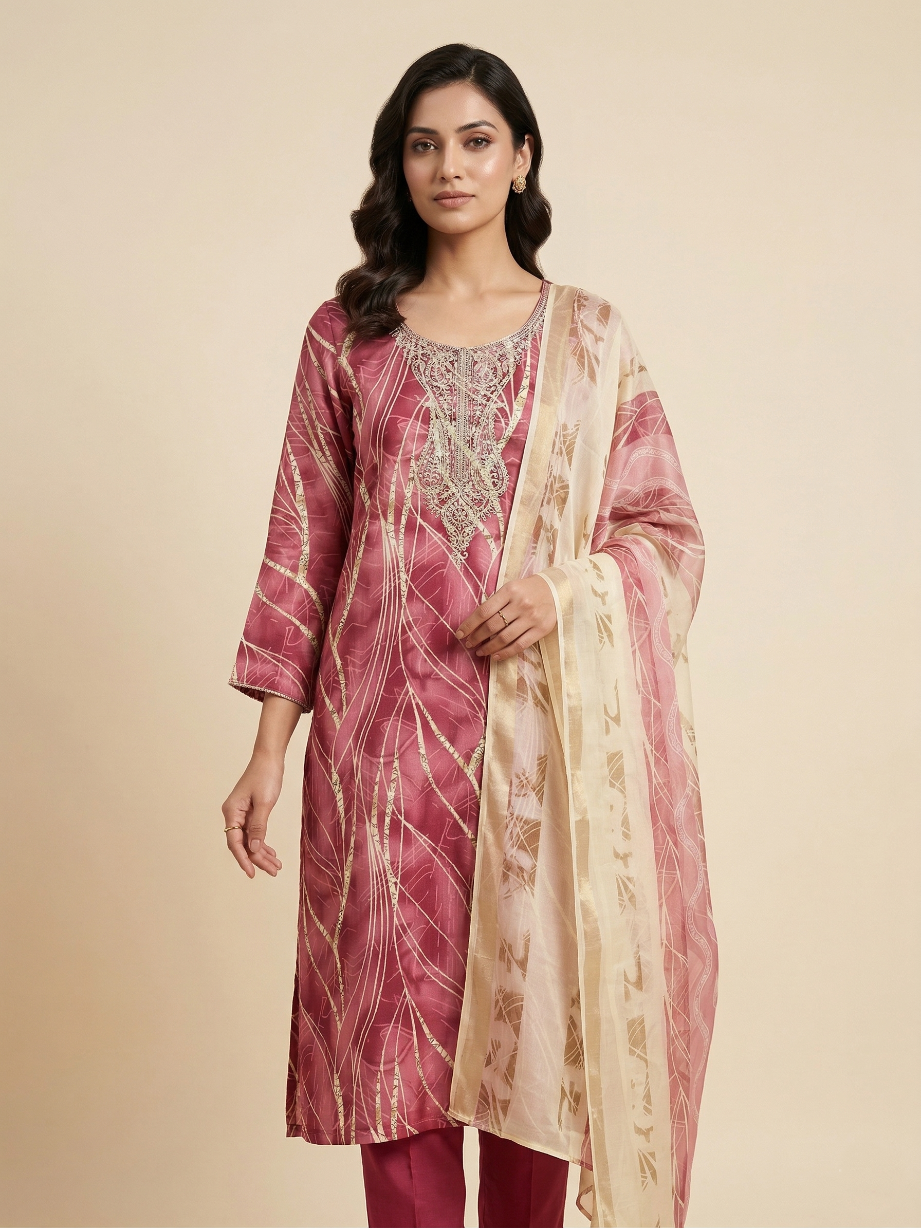 Elegant Dusty Rose Embroidered Straight Suit Set