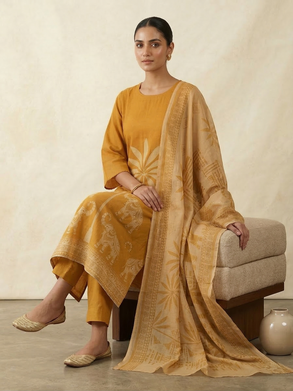 TRADITIONAL PRINT ON BORDER WITH MIRROR DETAILING - MUSTARD