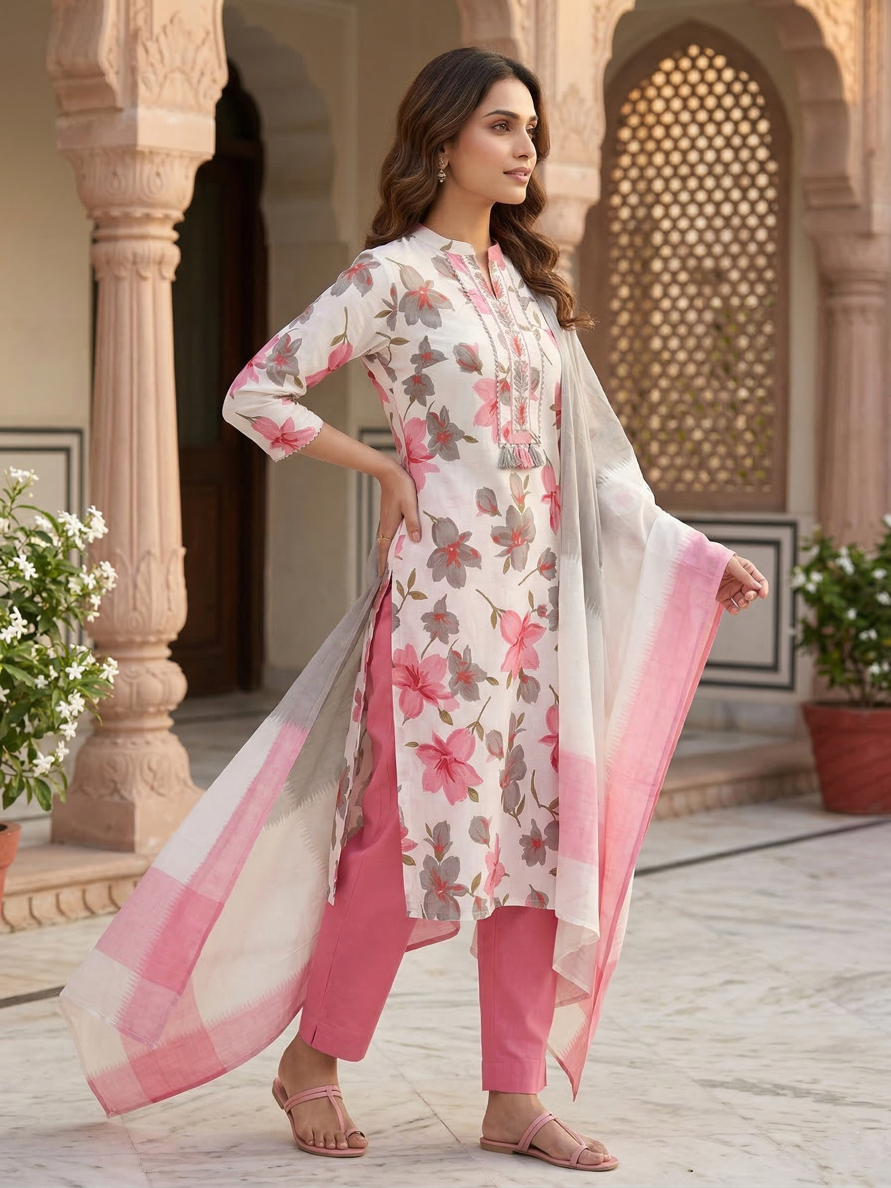 White & Pink Floral Printed Kurta Set with Dupatta