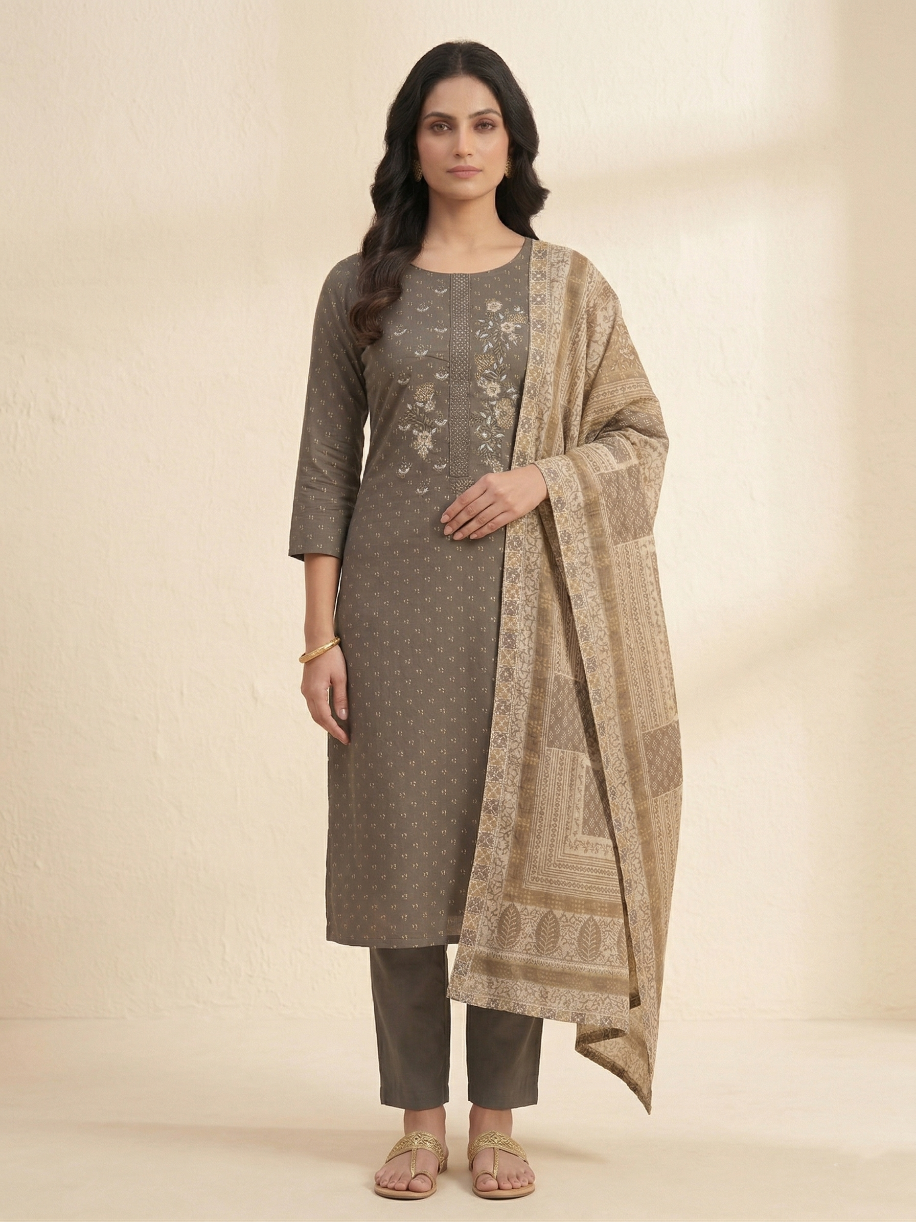 GREY WITH EMBELLISHED EMBROIDERED NECK