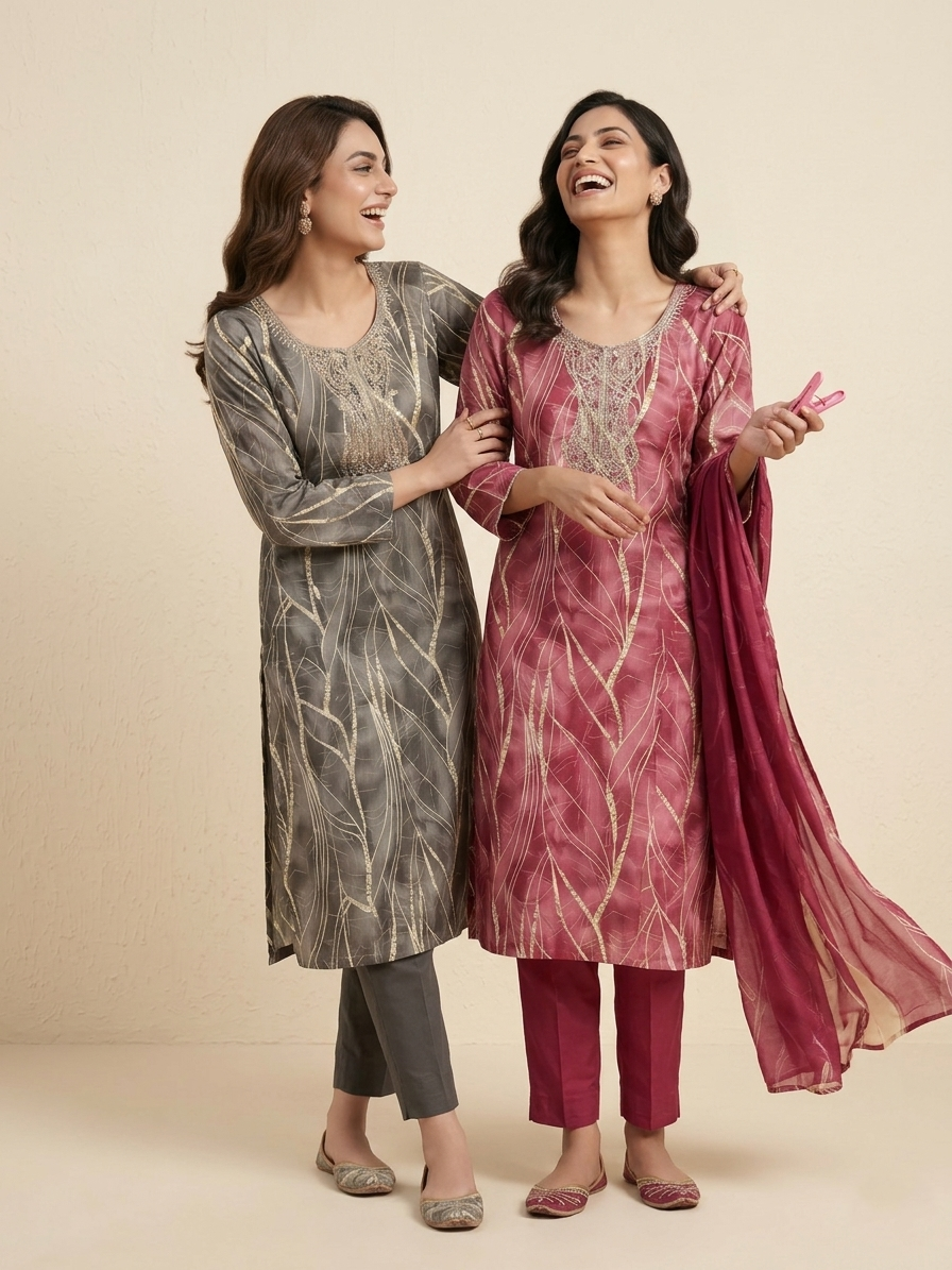 Elegant Charcoal Grey Embroidered Straight Suit Set
