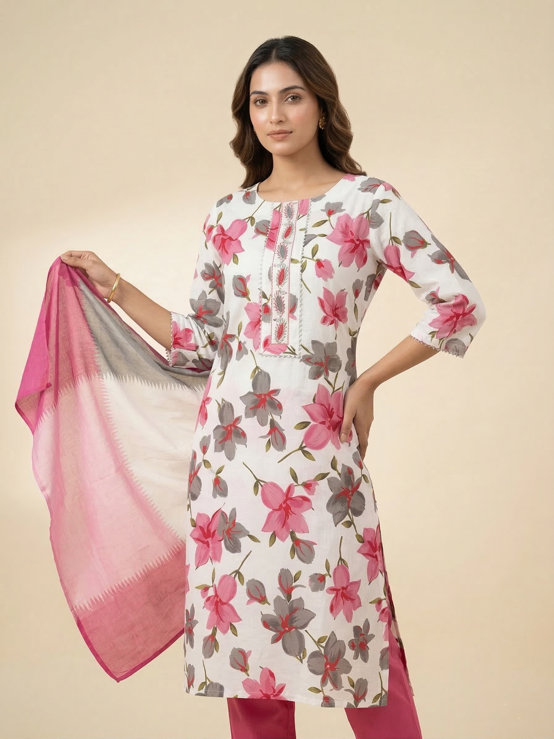 White & Pink Floral Printed Kurta Set with Dupatta