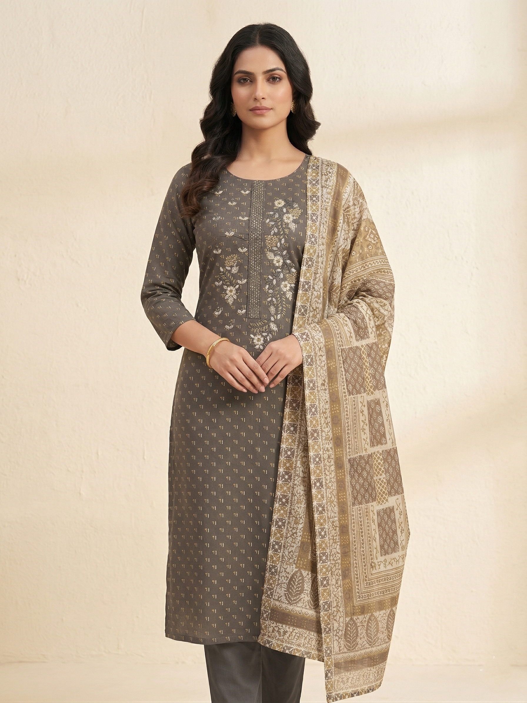 GREY WITH EMBELLISHED EMBROIDERED NECK