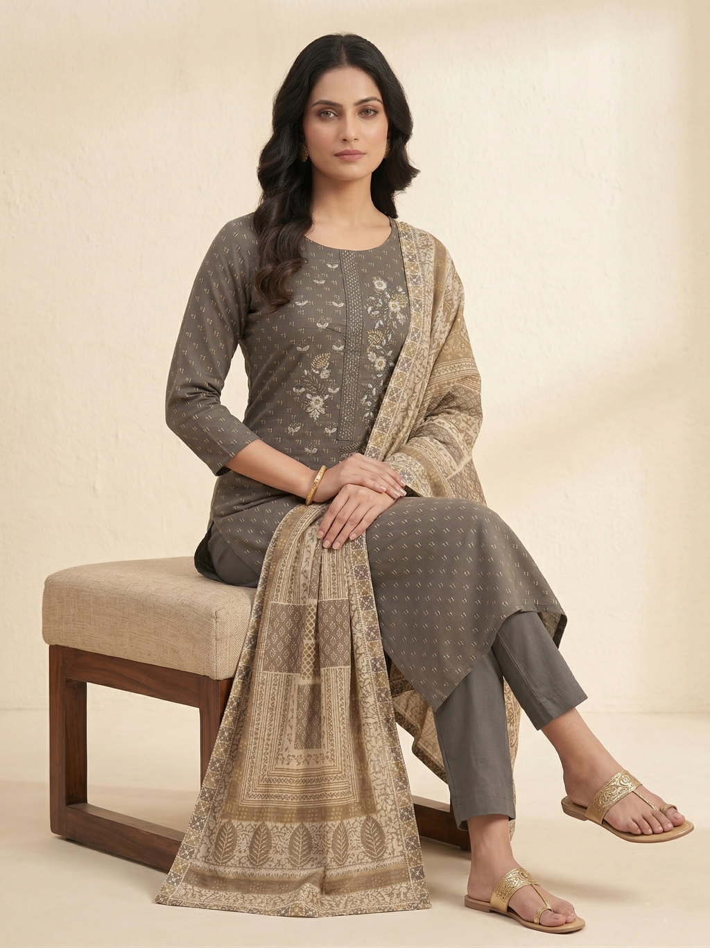 GREY WITH EMBELLISHED EMBROIDERED NECK