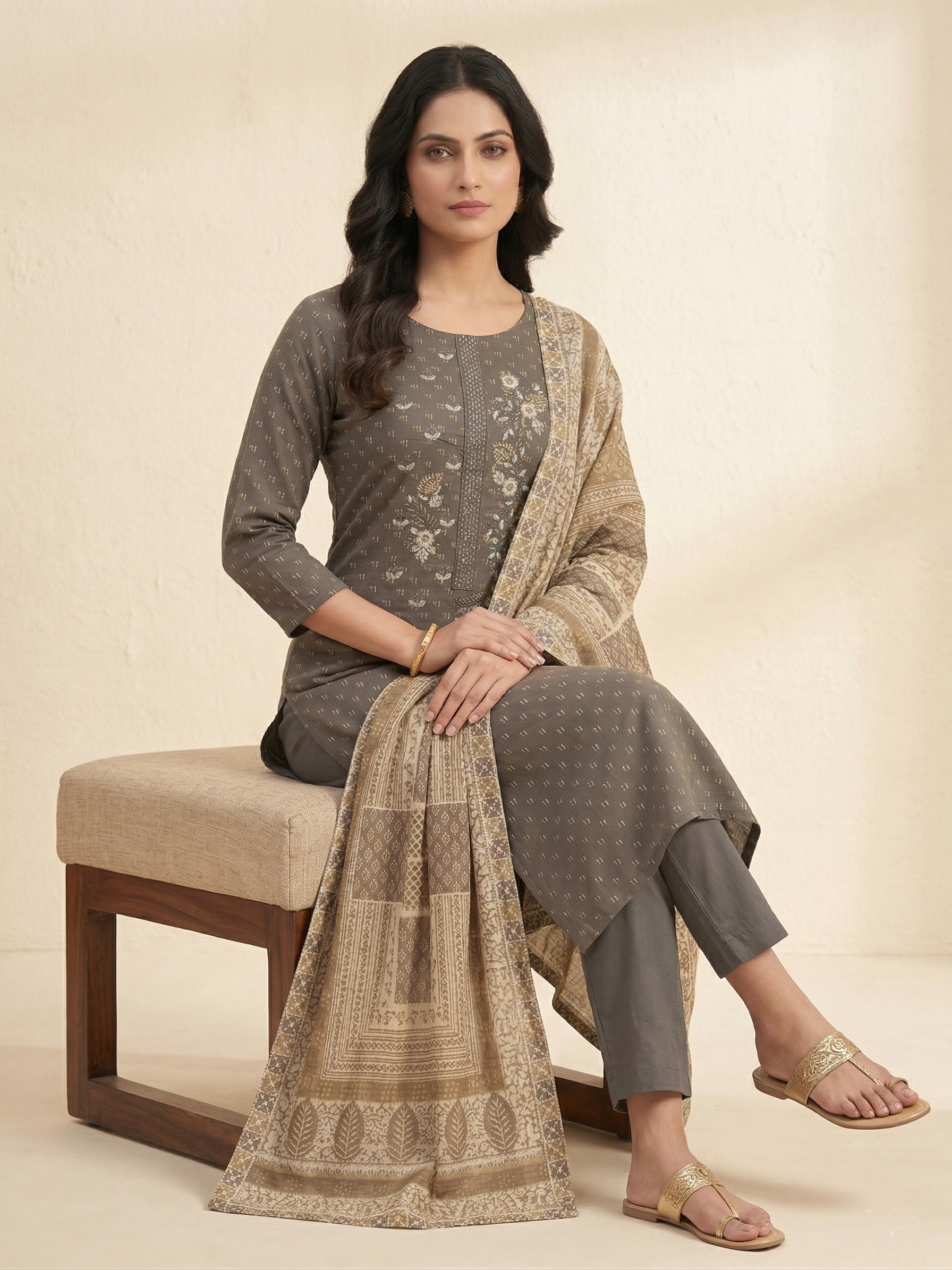 GREY WITH EMBELLISHED EMBROIDERED NECK