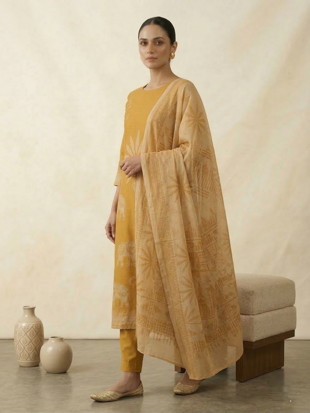 TRADITIONAL PRINT ON BORDER WITH MIRROR DETAILING - MUSTARD
