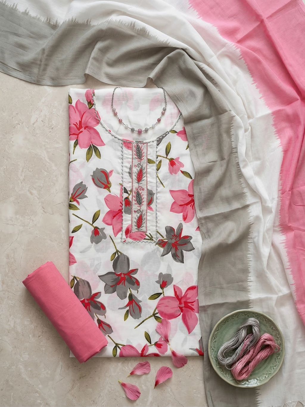 White & Pink Floral Printed Kurta Set with Dupatta
