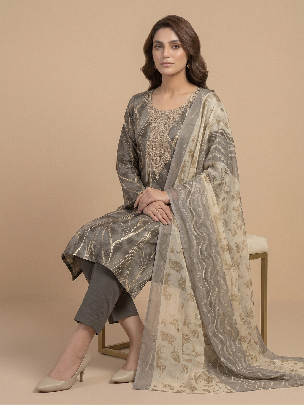Elegant Charcoal Grey Embroidered Straight Suit Set