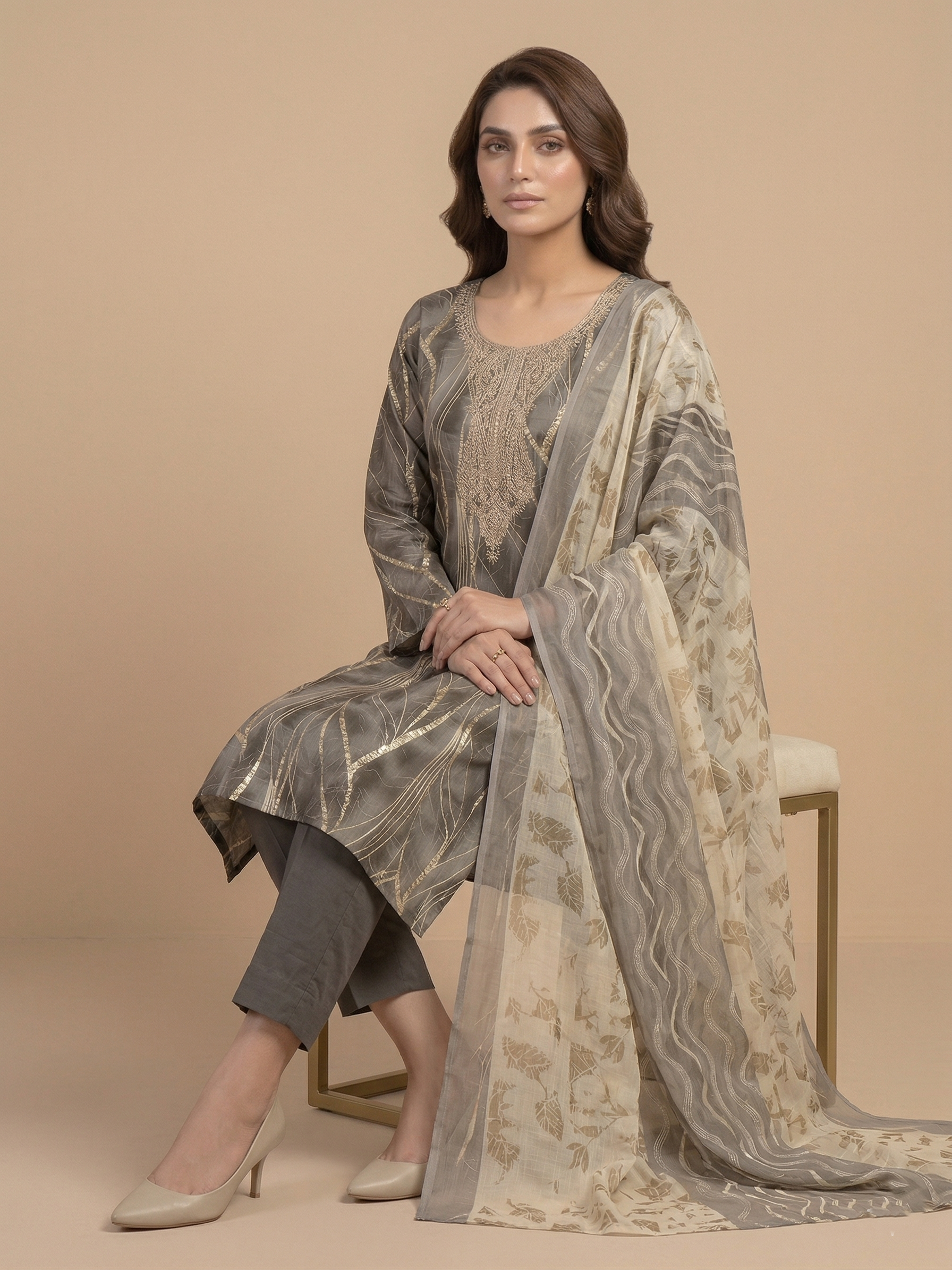 Elegant Charcoal Grey Embroidered Straight Suit Set