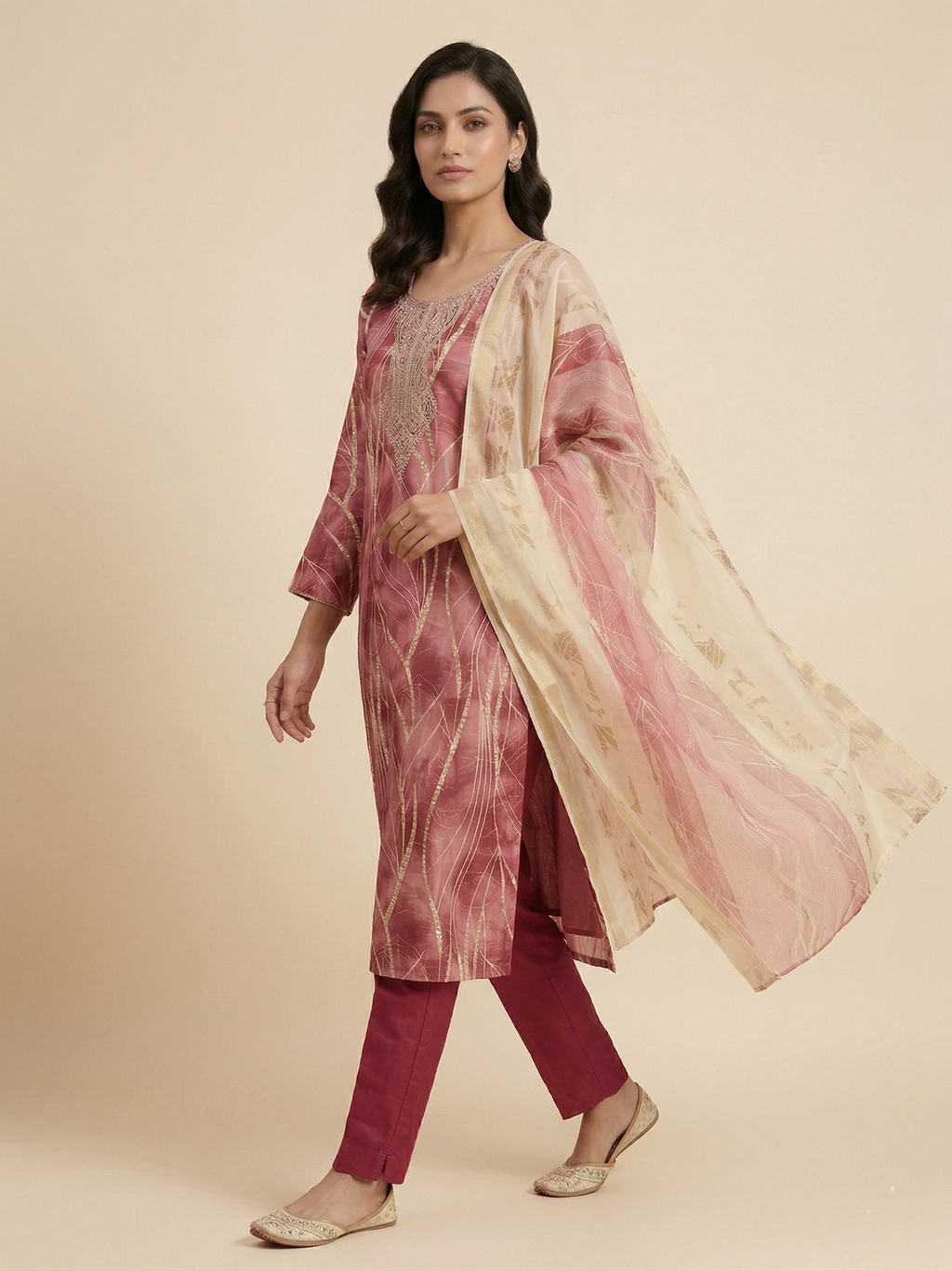 Elegant Dusty Rose Embroidered Straight Suit Set