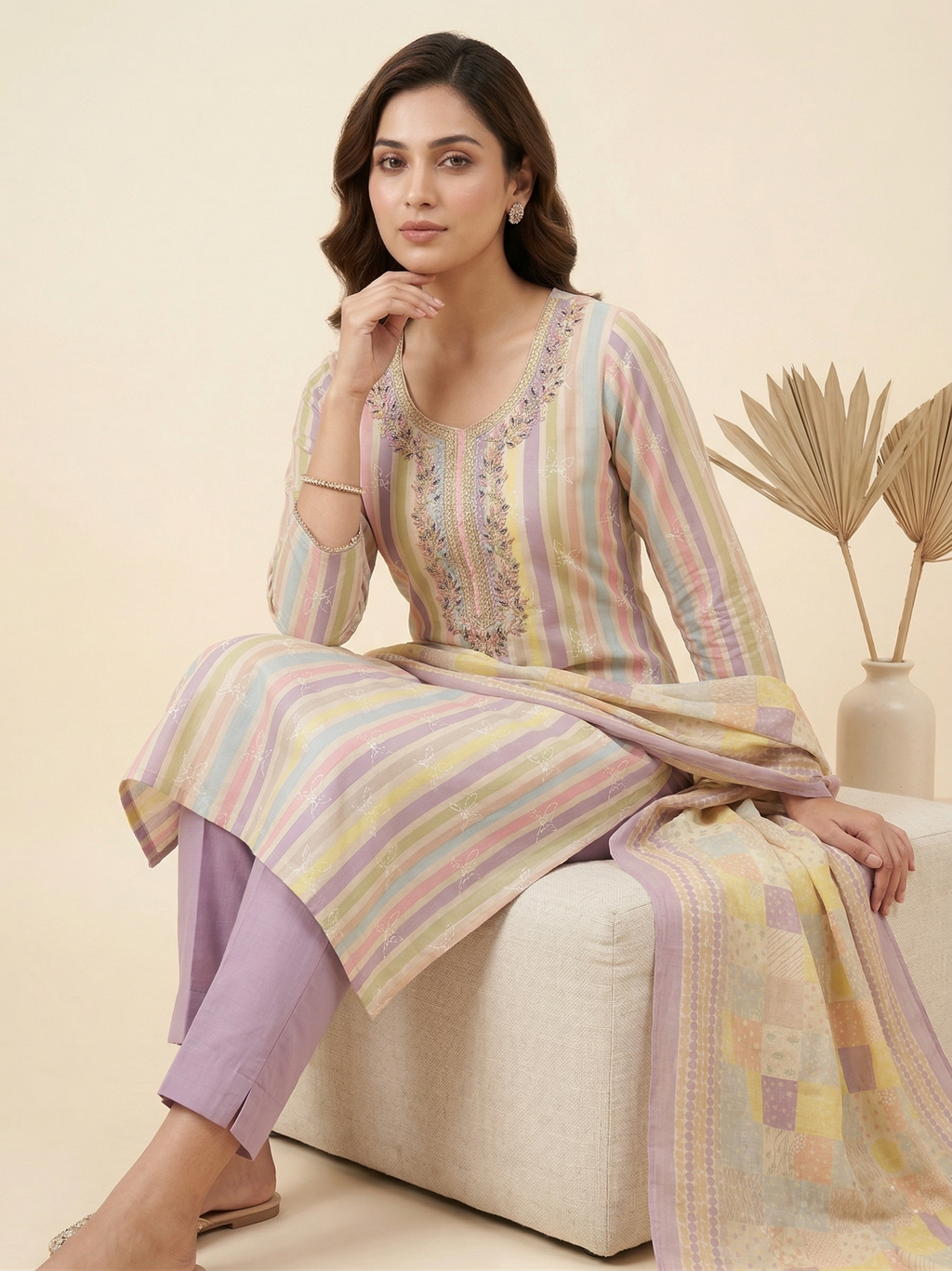 Pastel Multicolor Striped Embroidered Straight Suit Set