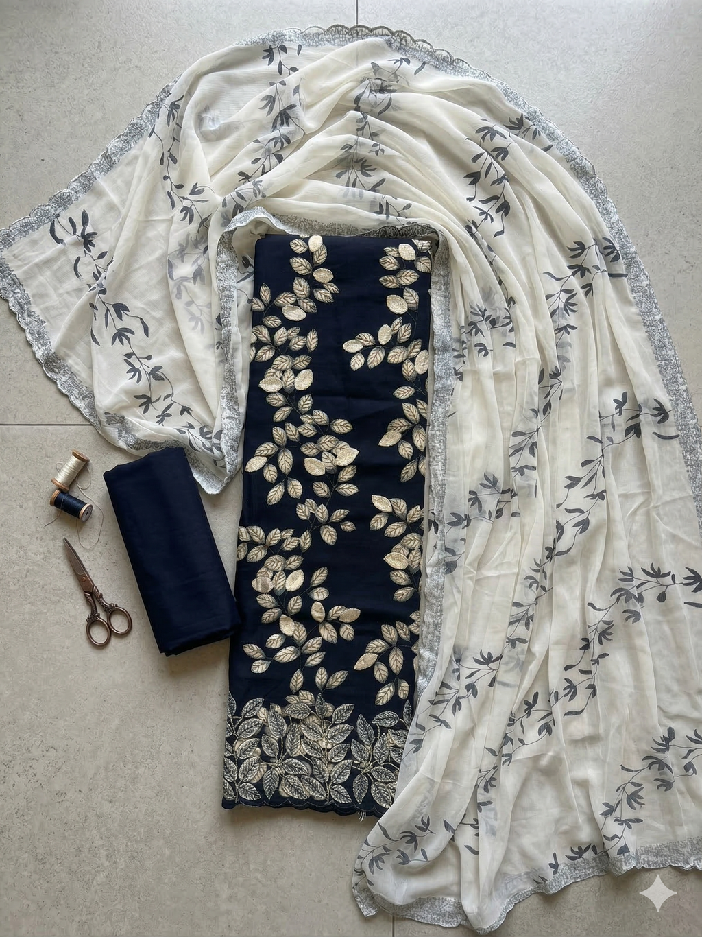 ALL OVER PRINTED LEAF SCALLOPED HEM - NAVY