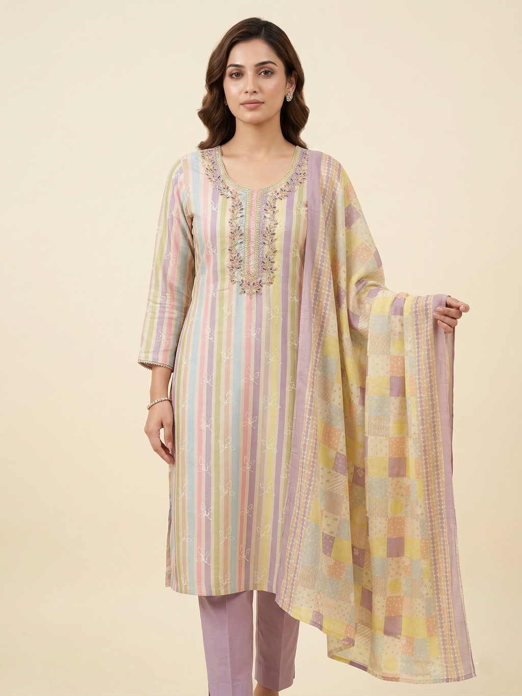 Pastel Multicolor Striped Embroidered Straight Suit Set