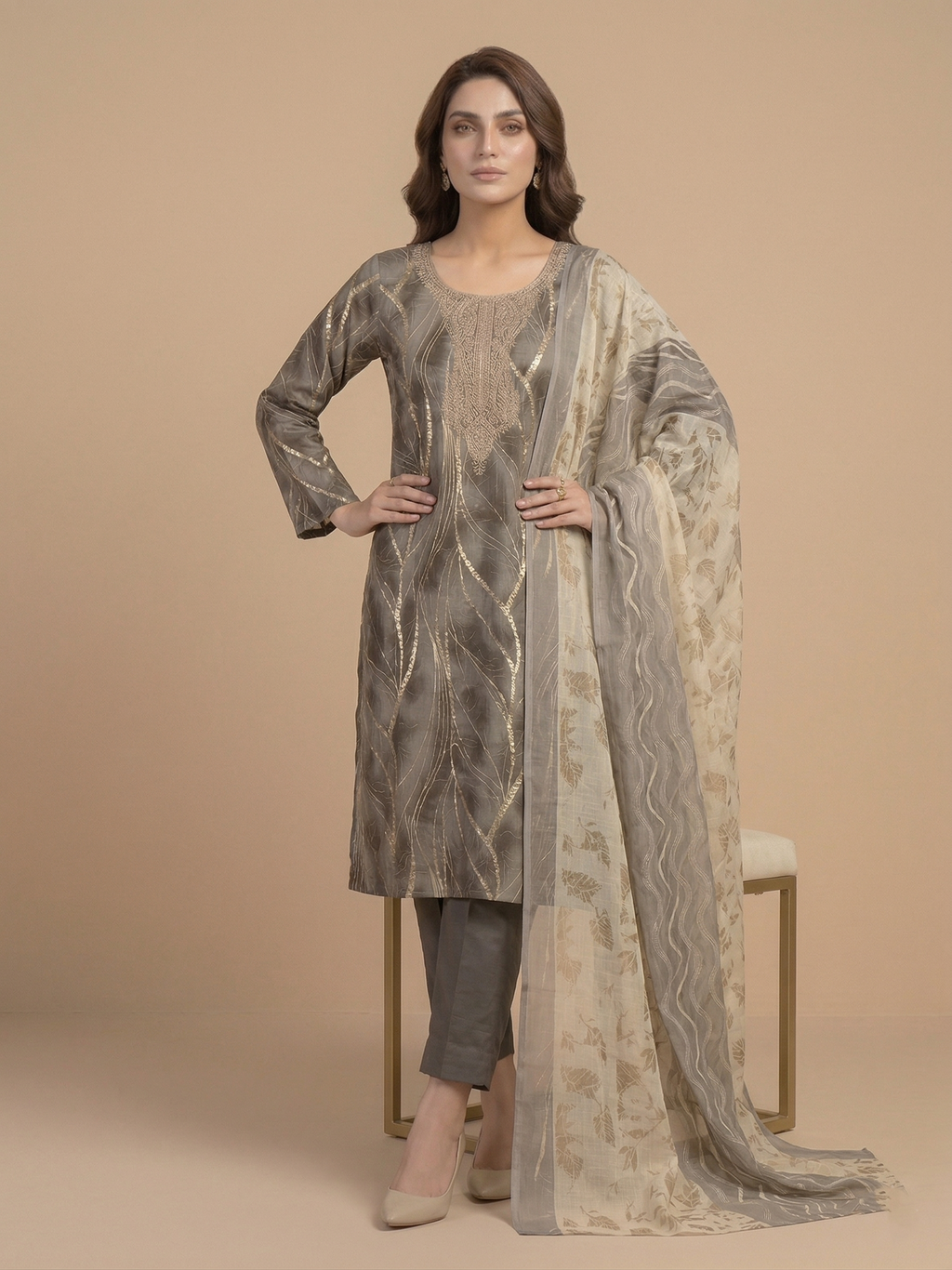 Elegant Charcoal Grey Embroidered Straight Suit Set