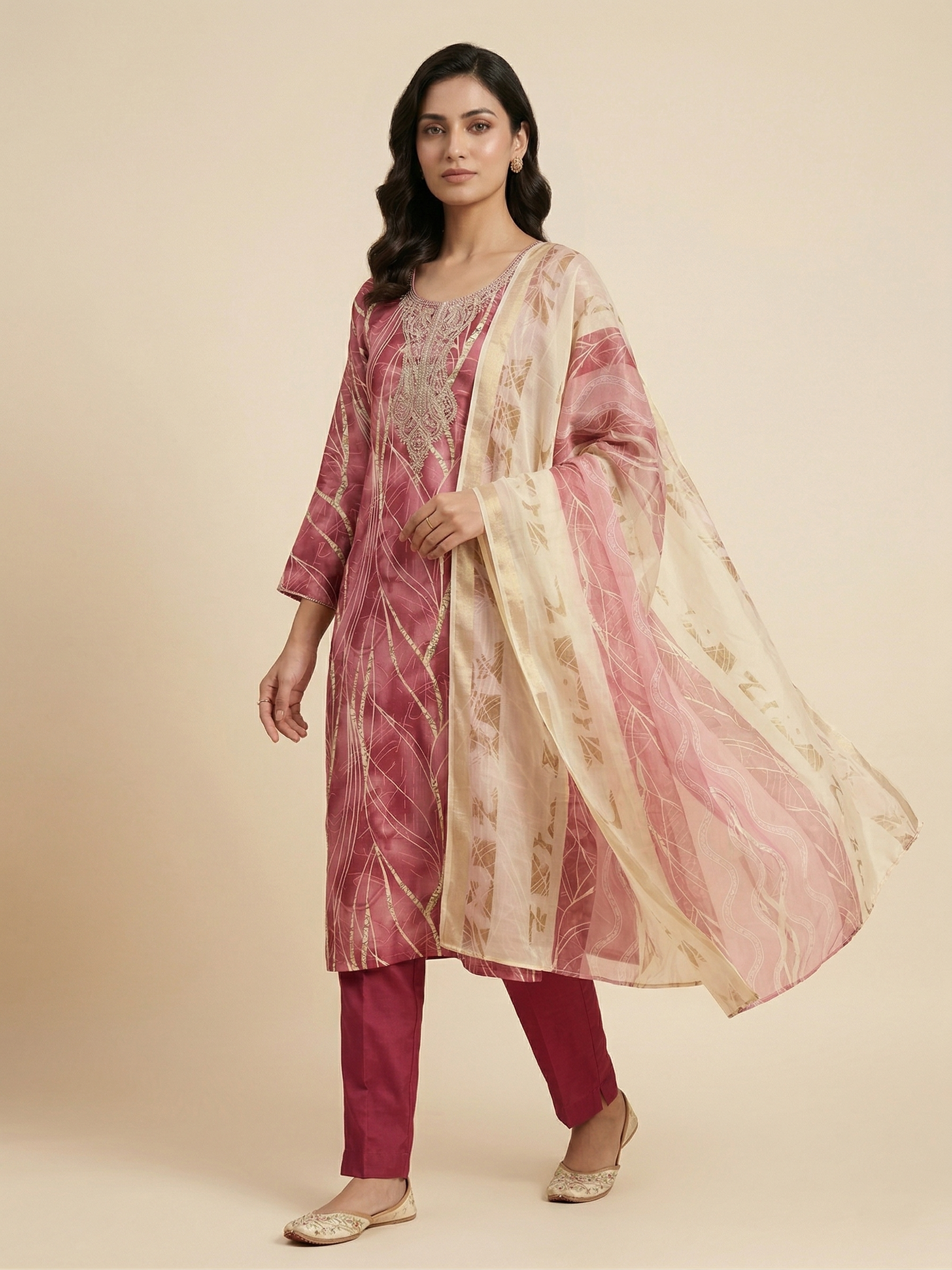 Elegant Dusty Rose Embroidered Straight Suit Set