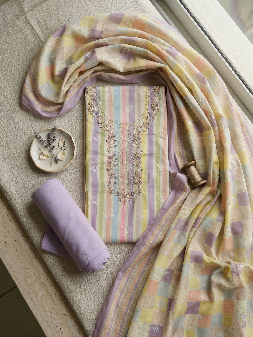 Pastel Multicolor Striped Embroidered Straight Suit Set