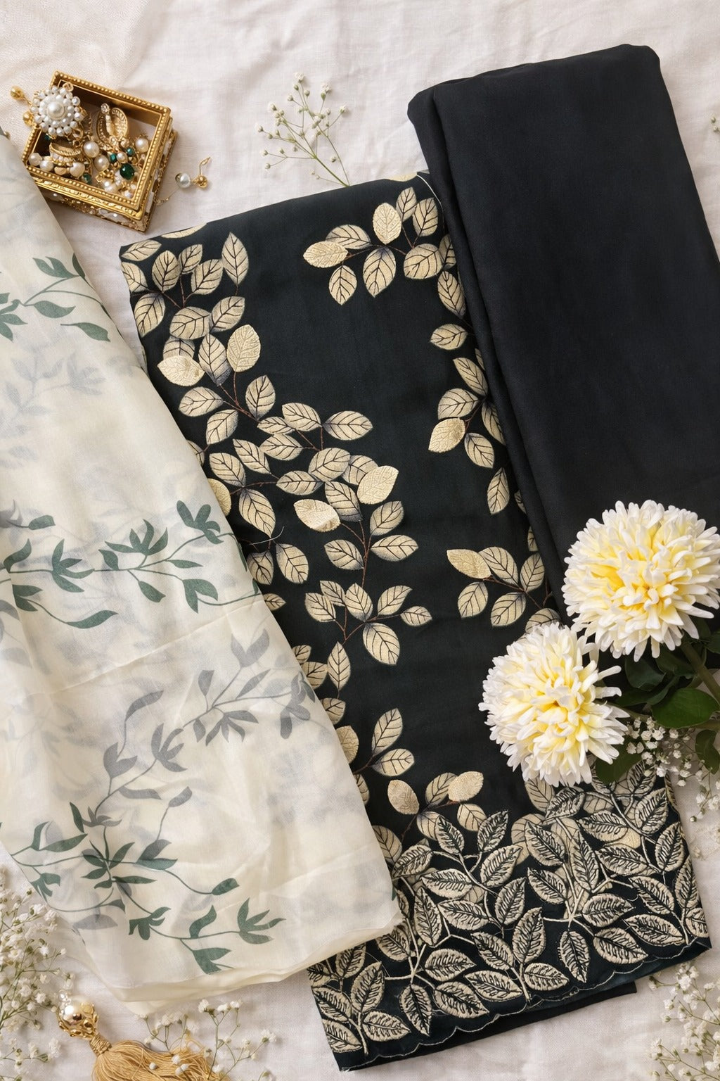 ALL OVER PRINTED LEAF SCALLOPED HEM - DARK GREEN