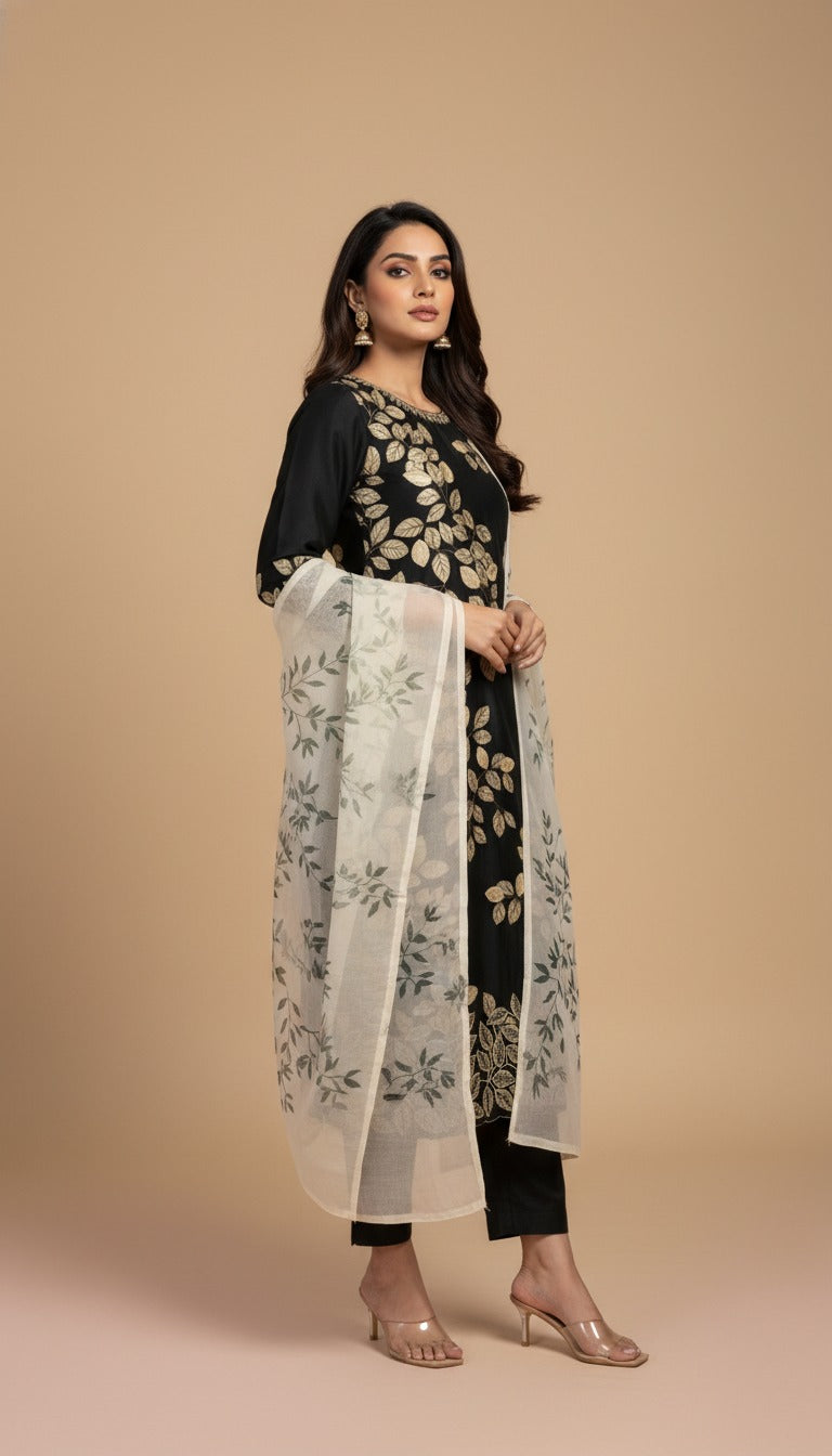 ALL OVER PRINTED LEAF SCALLOPED HEM - DARK GREEN