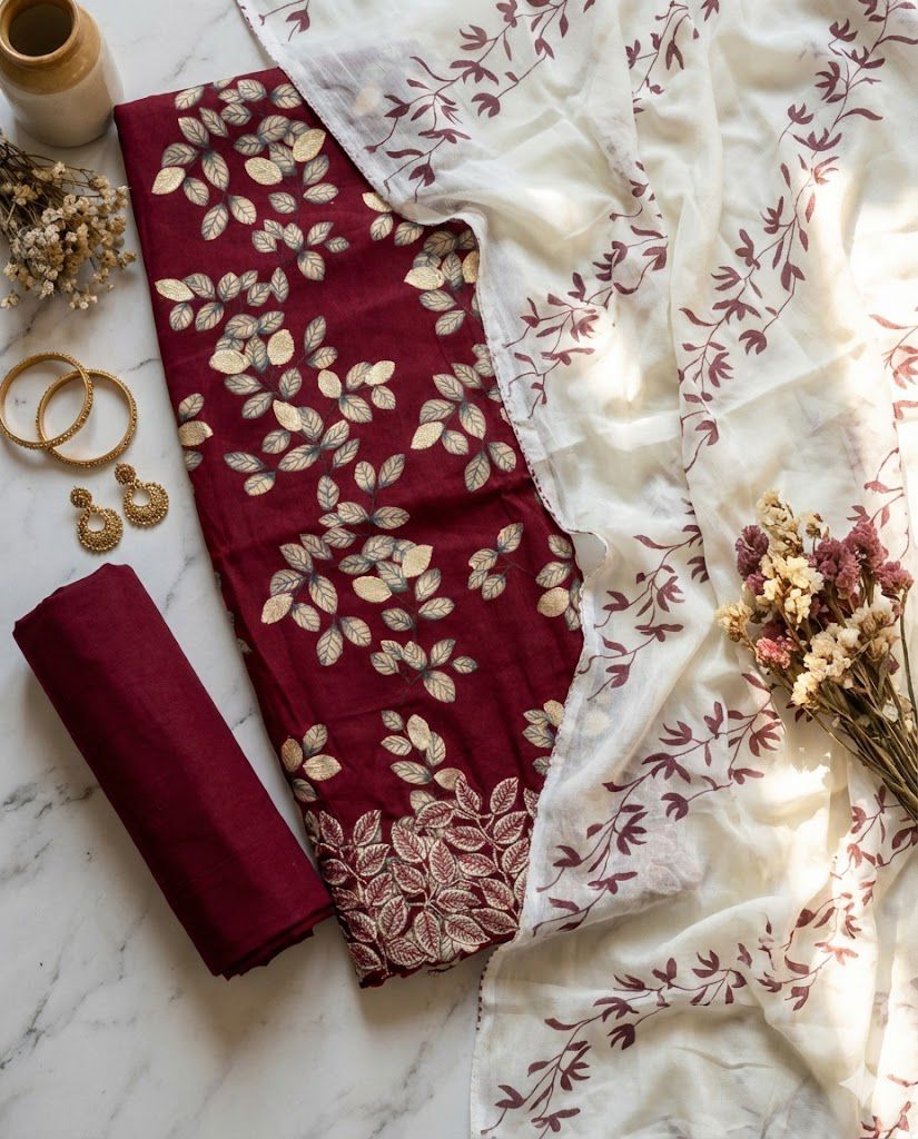 ALL OVER PRINTED LEAF SCALLOPED HEM - RED