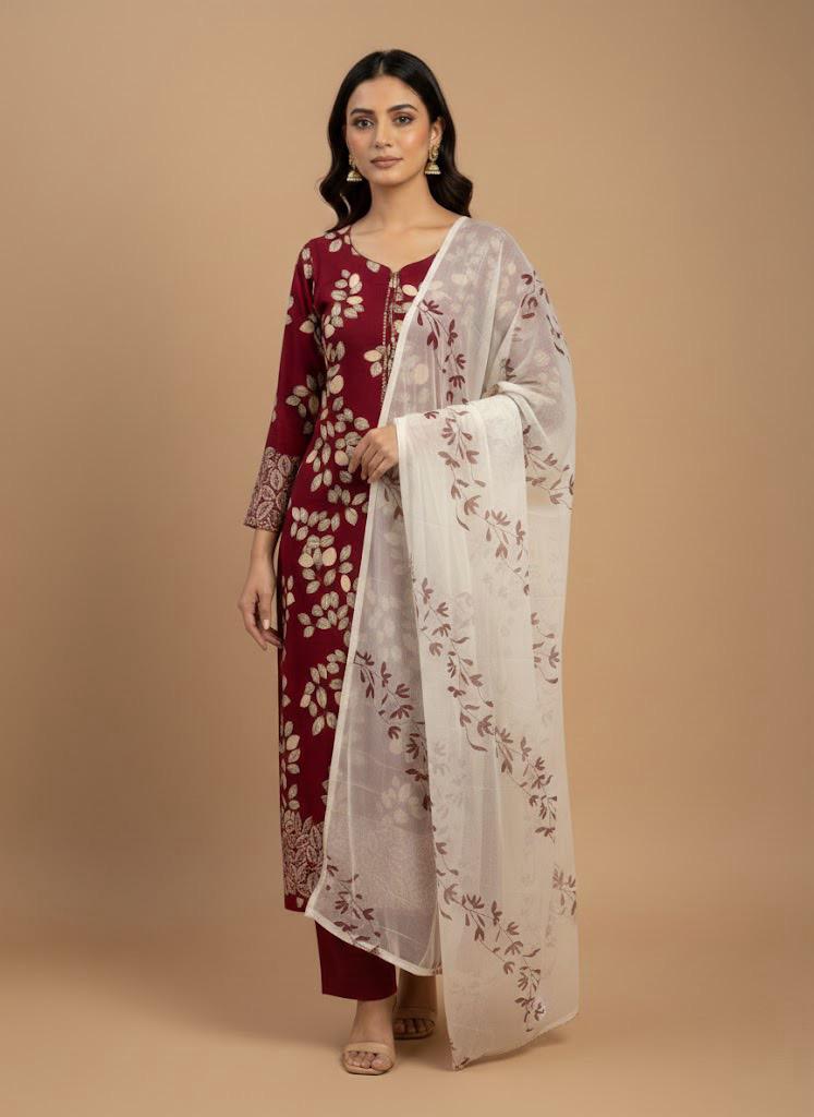 ALL OVER PRINTED LEAF SCALLOPED HEM - RED