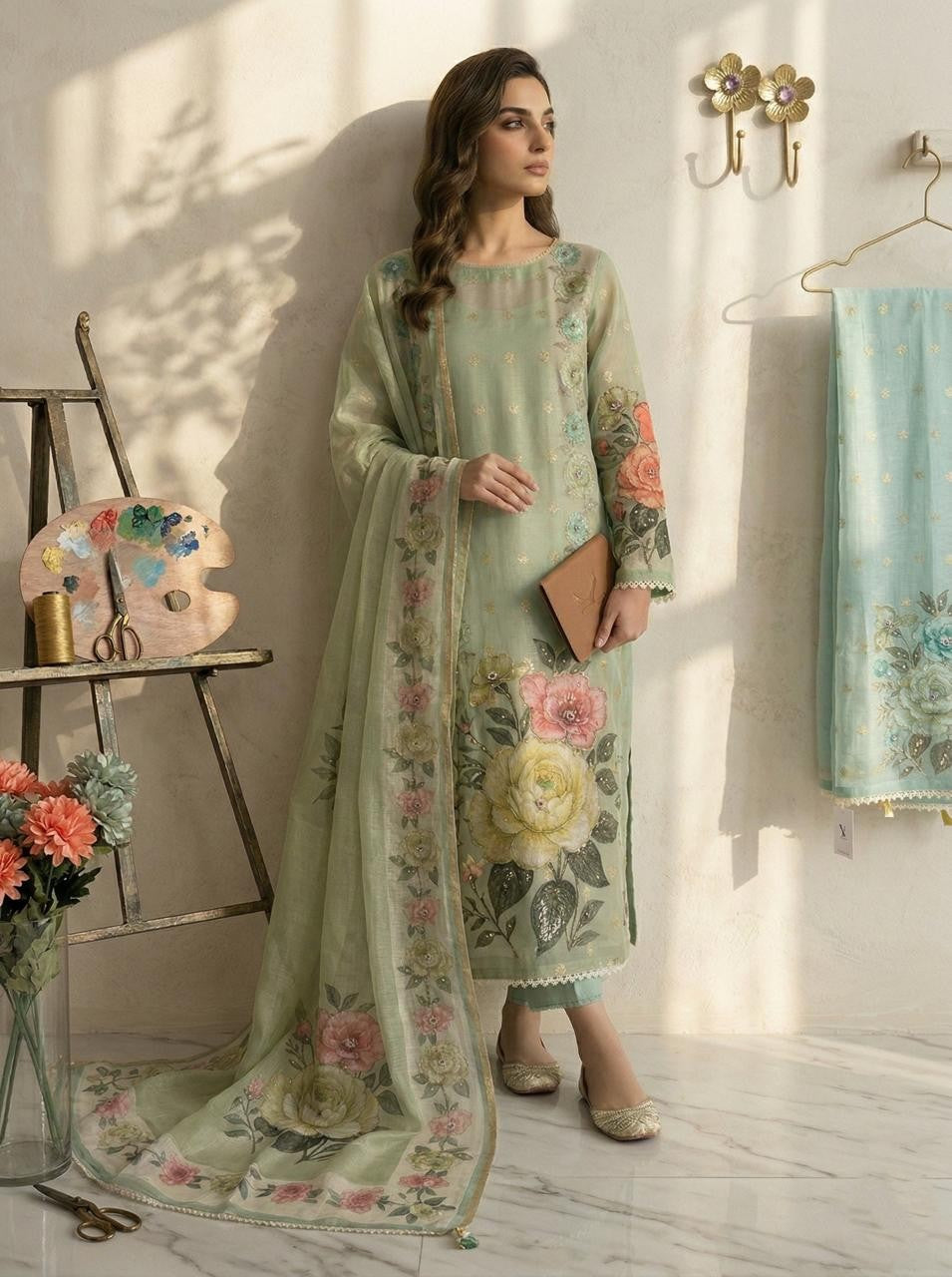 EMBELLISHED FLOWER PRINTED AOP - GREEN