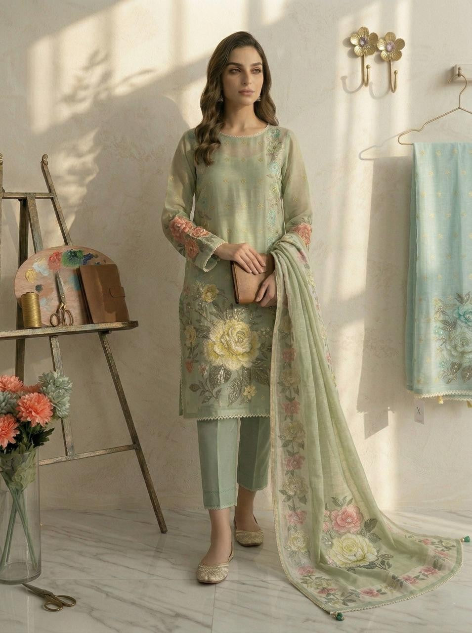 EMBELLISHED FLOWER PRINTED AOP - GREEN