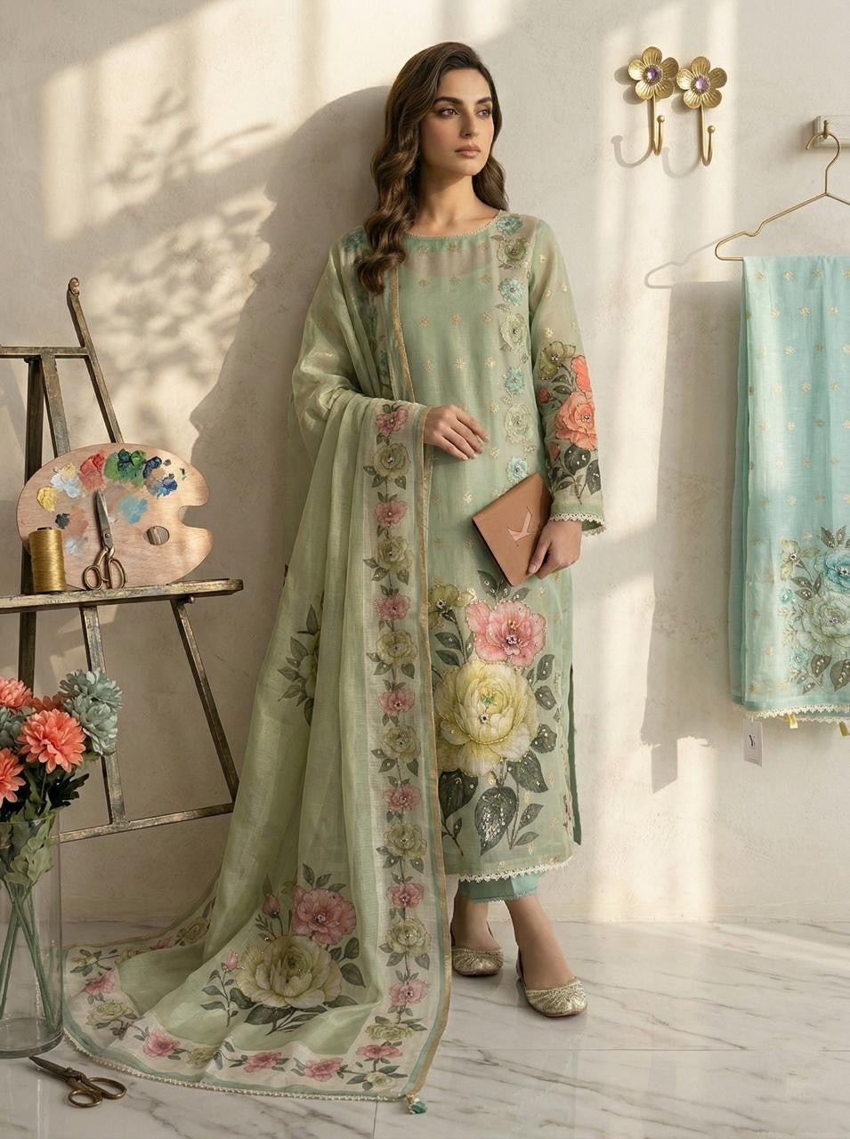 EMBELLISHED FLOWER PRINTED AOP - GREEN