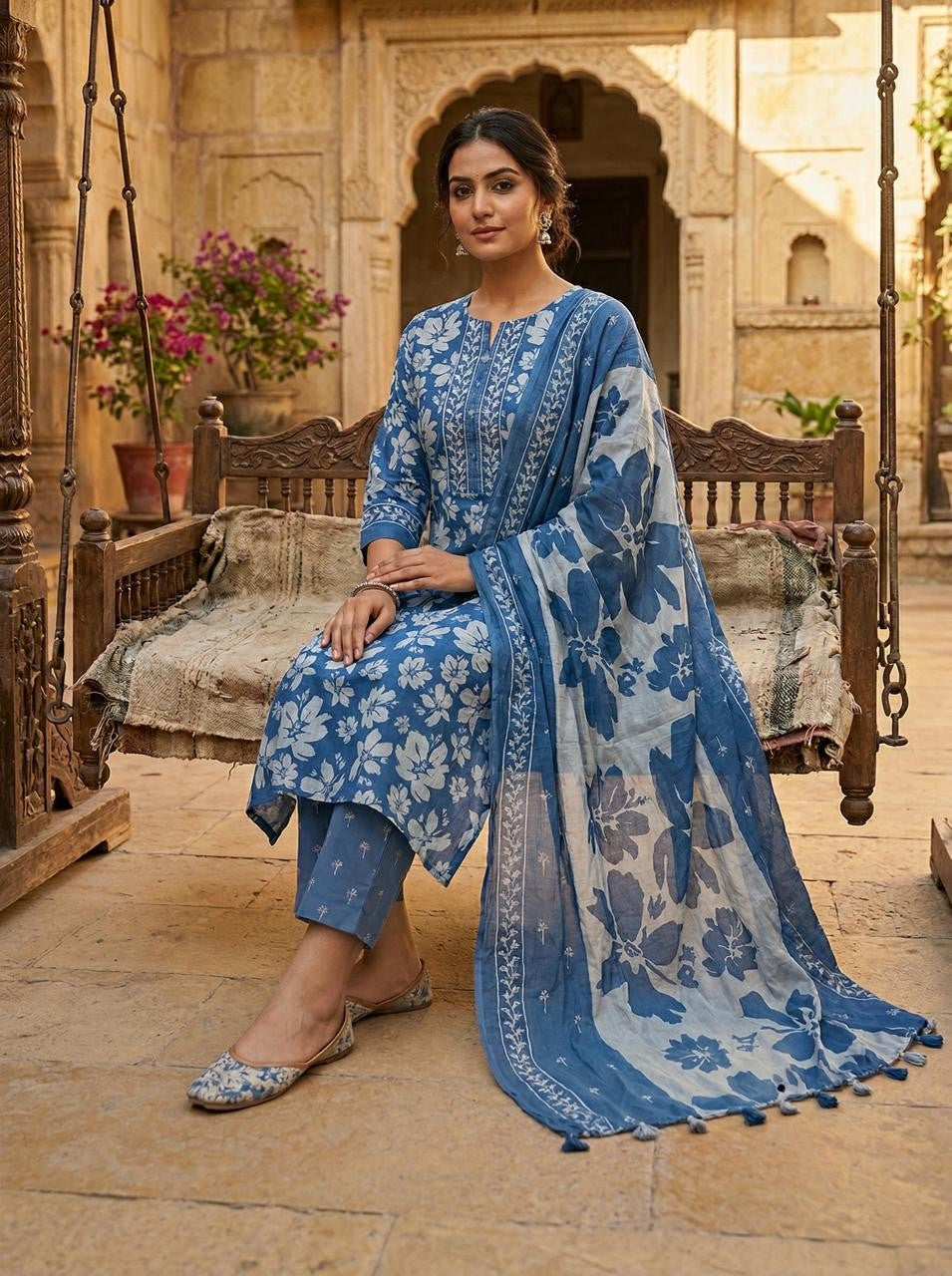 BLUE AOP EASE SUIT WITH MATCHING DUPATTA WITH ADDED POM