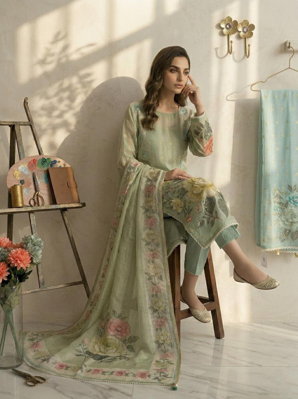 EMBELLISHED FLOWER PRINTED AOP - GREEN