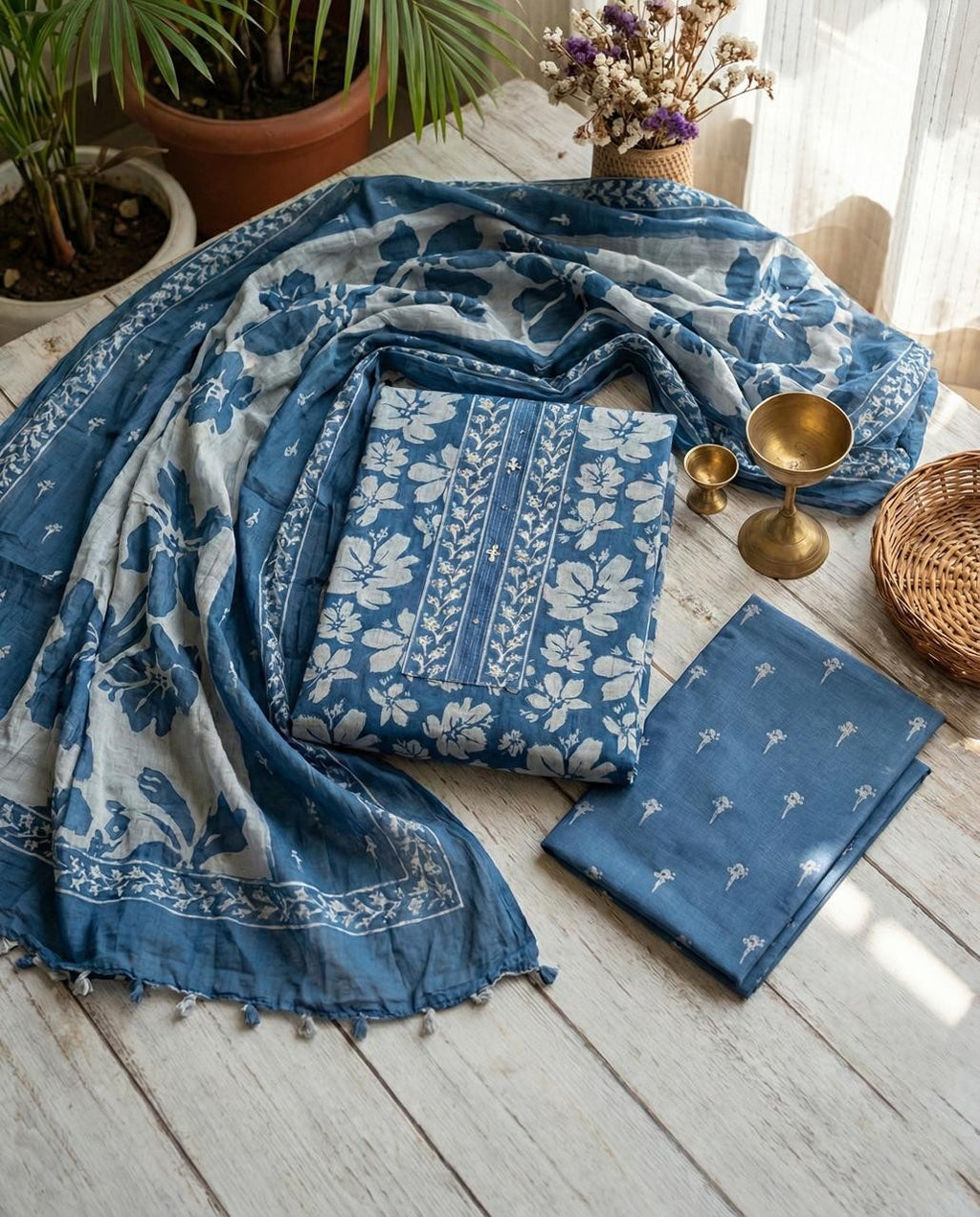 BLUE AOP EASE SUIT WITH MATCHING DUPATTA WITH ADDED POM